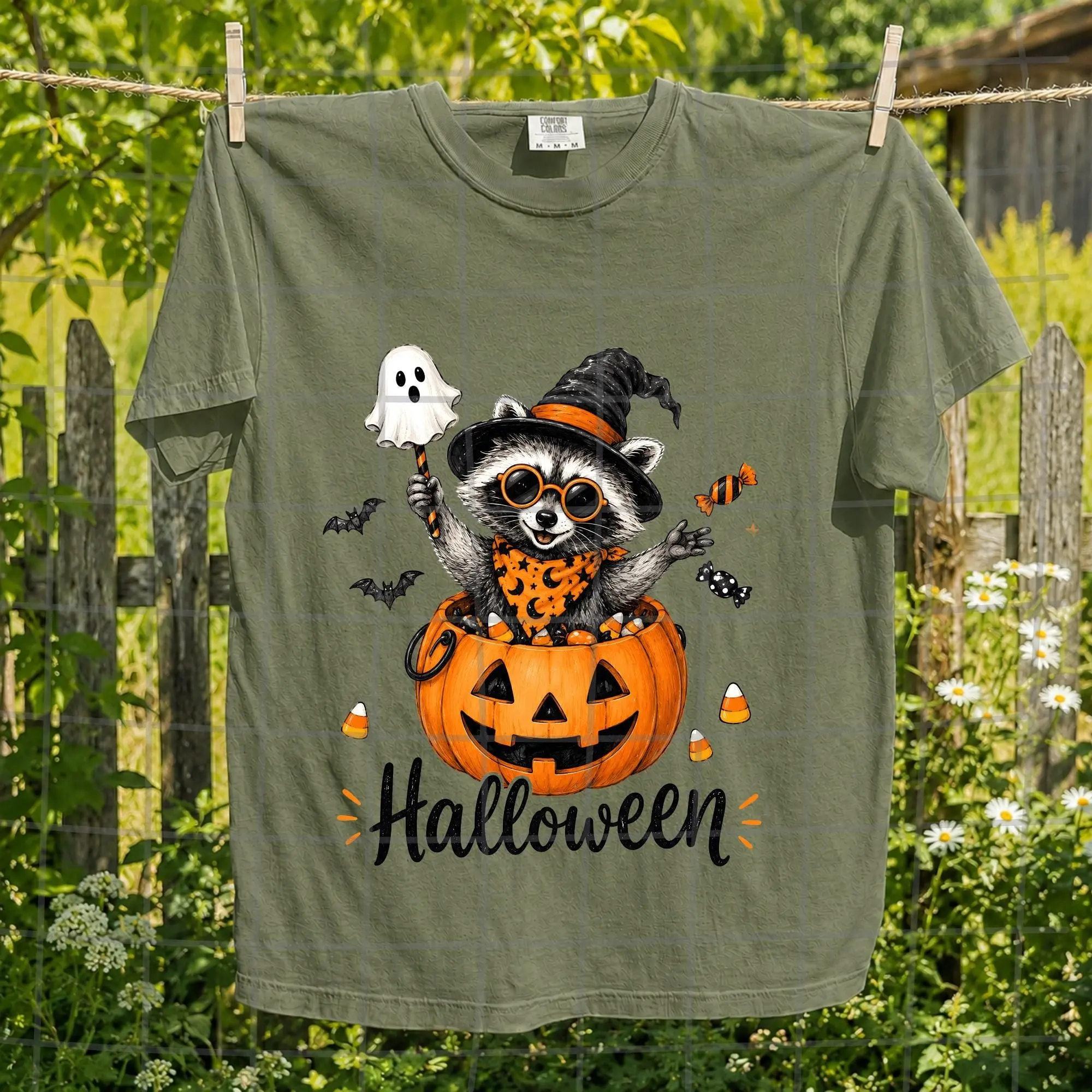 Comfort Colors Halloween Raccoon Shirt, Cute Trash Panda Pumpkin Bucket Tee, Funny Spooky Fall Animal Womens Graphic Top - photo 3