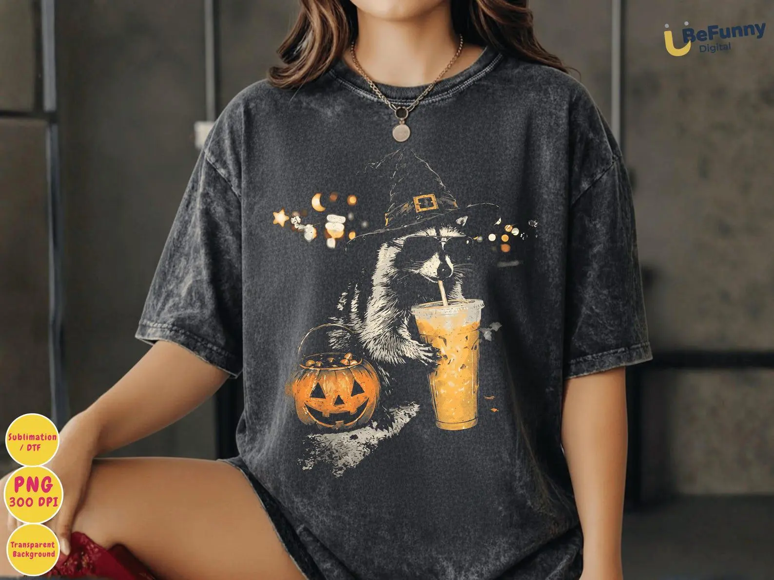 Comfort Colors Halloween Raccoon Shirt, Funny Witch Trash Panda Tee, Pumpkin Spice Iced Coffee Spooky Season Graphic Top - photo 3