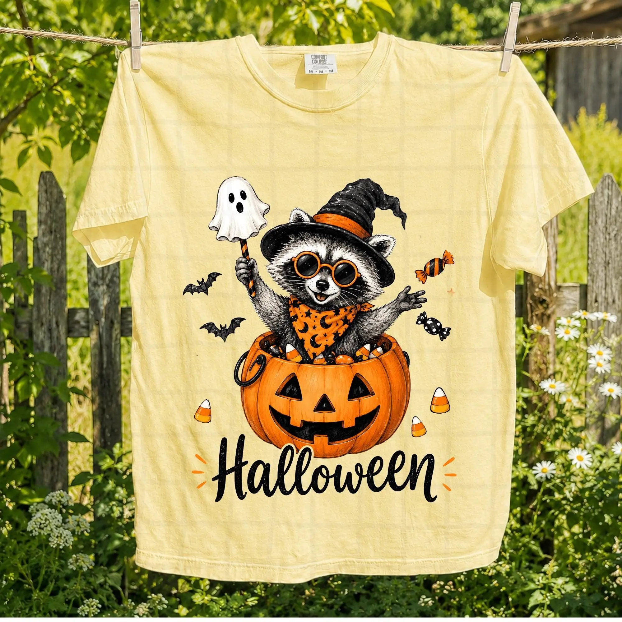 Comfort Colors Halloween Raccoon Shirt, Cute Trash Panda Pumpkin Bucket Tee, Funny Spooky Fall Animal Womens Graphic Top - photo 4