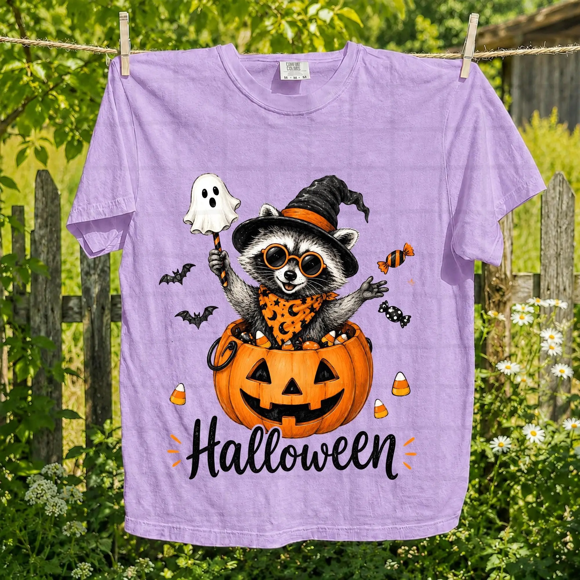 Comfort Colors Halloween Raccoon Shirt, Cute Trash Panda Pumpkin Bucket Tee, Funny Spooky Fall Animal Womens Graphic Top - photo 5