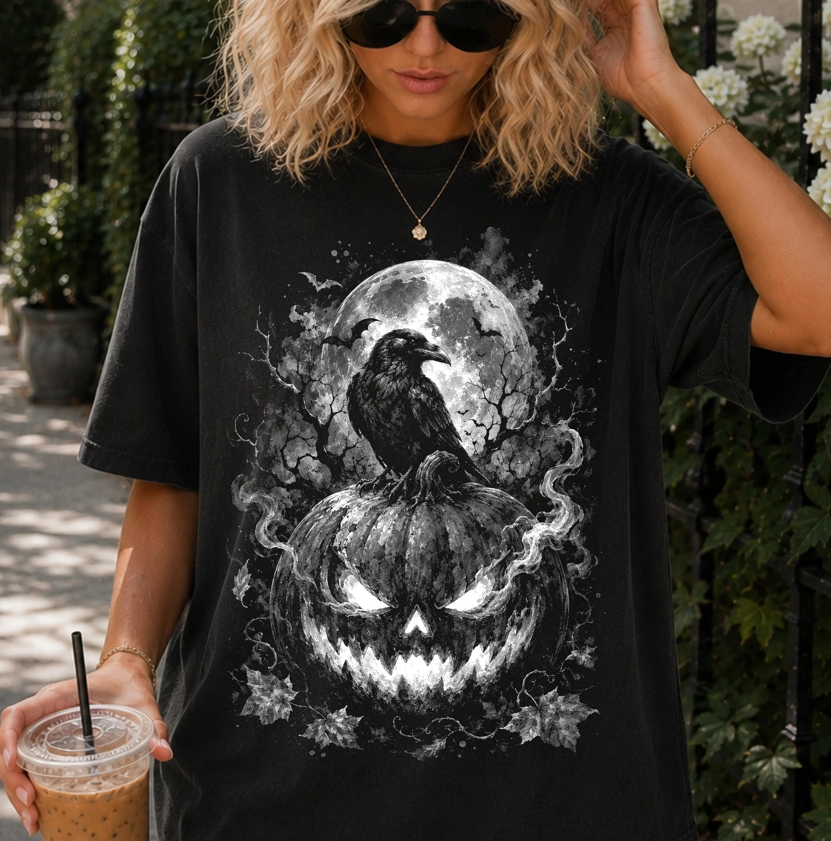 Comfort Colors Halloween Raven Pumpkin Sweatshirt, Spooky Halftone Gothic Jack O Lantern Vintage Horror Graphic