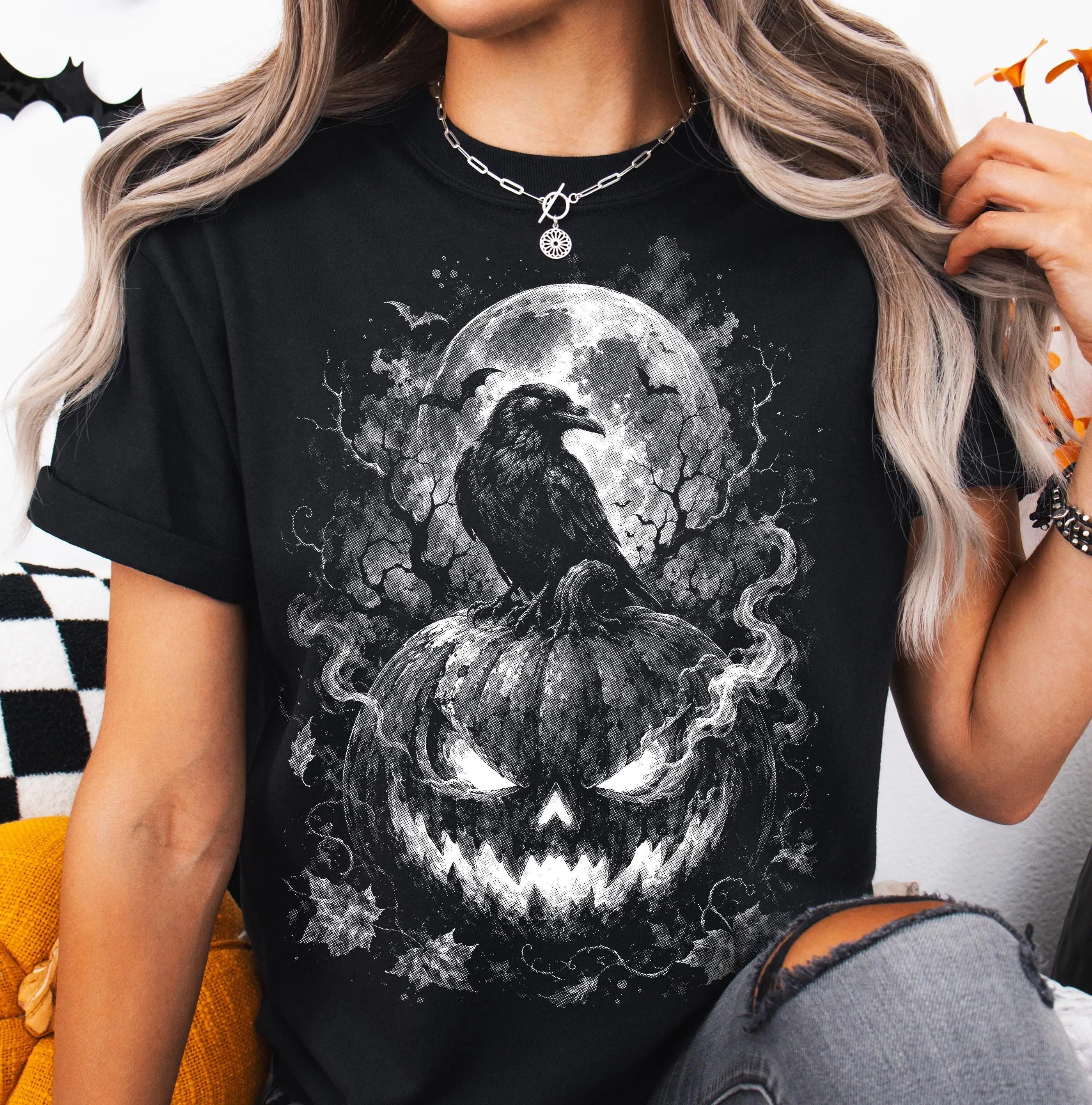 Comfort Colors Halloween Raven Pumpkin Sweatshirt, Spooky Halftone Gothic Jack O Lantern Vintage Horror Graphic - photo 3