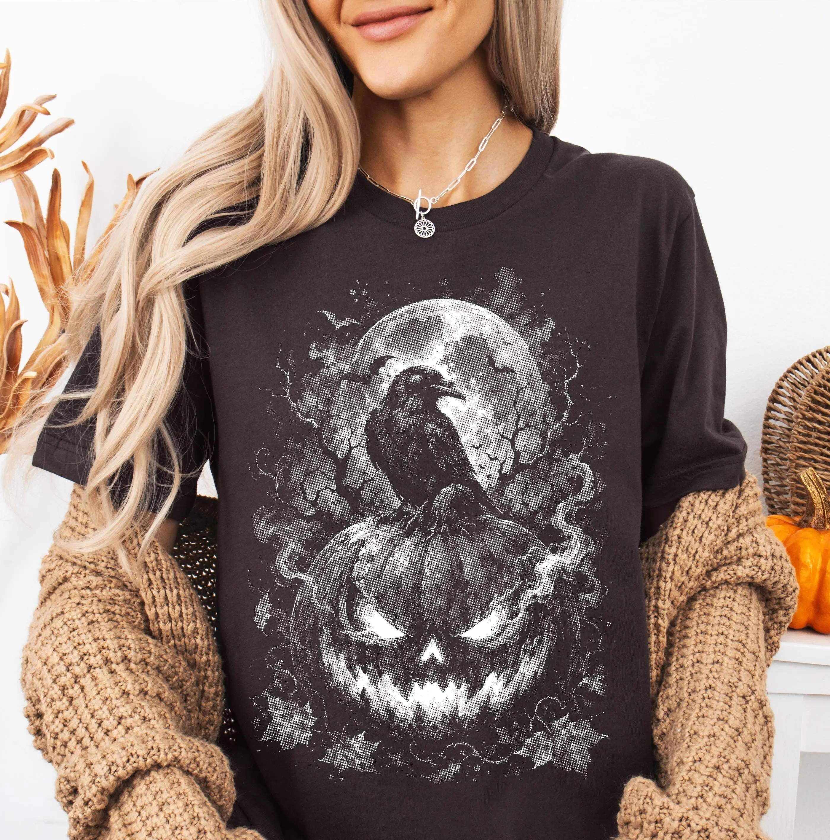 Comfort Colors Halloween Raven Pumpkin Sweatshirt, Spooky Halftone Gothic Jack O Lantern Vintage Horror Graphic - photo 4