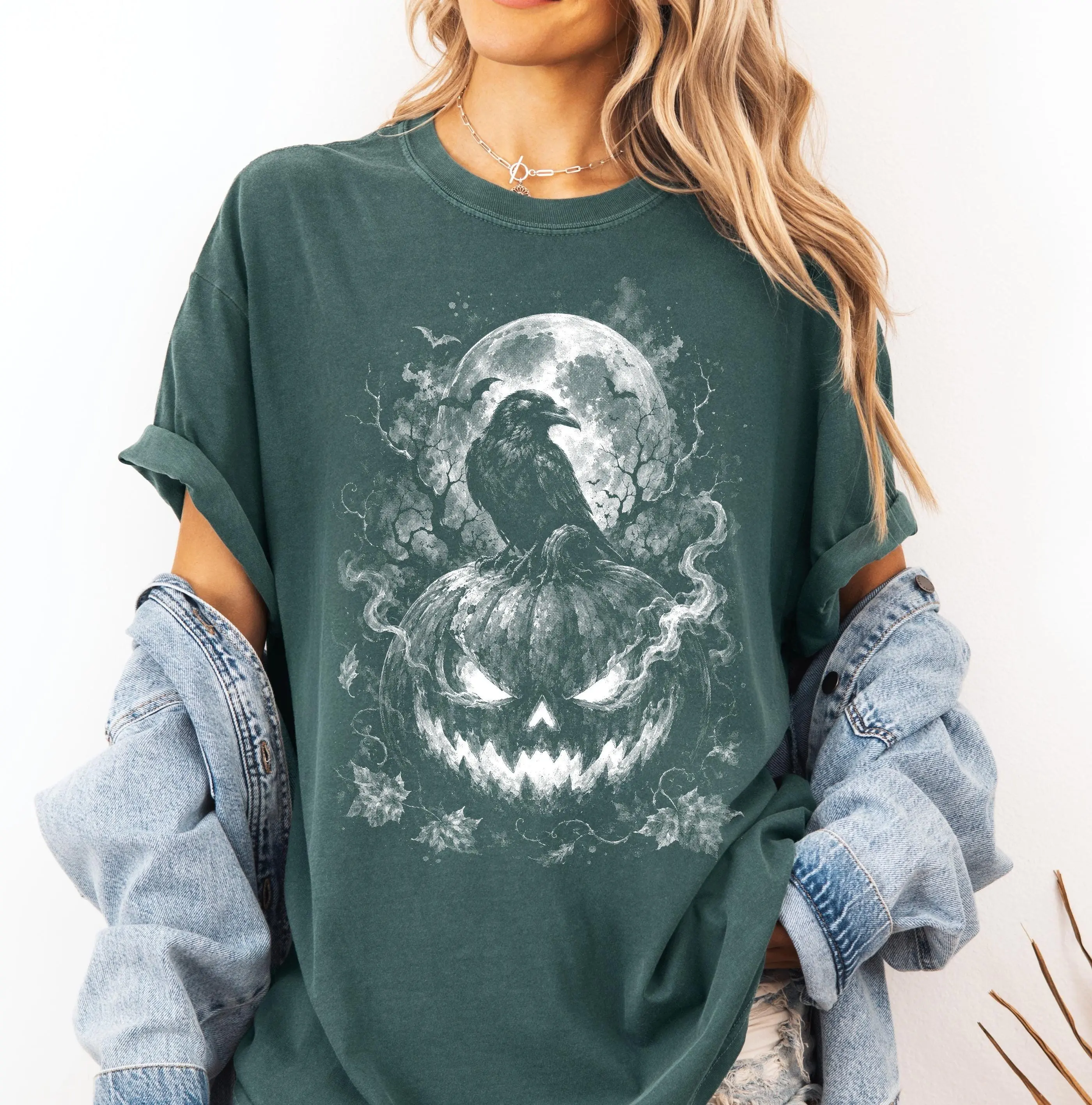 Comfort Colors Halloween Raven Pumpkin Sweatshirt, Spooky Halftone Gothic Jack O Lantern Vintage Horror Graphic - photo 5