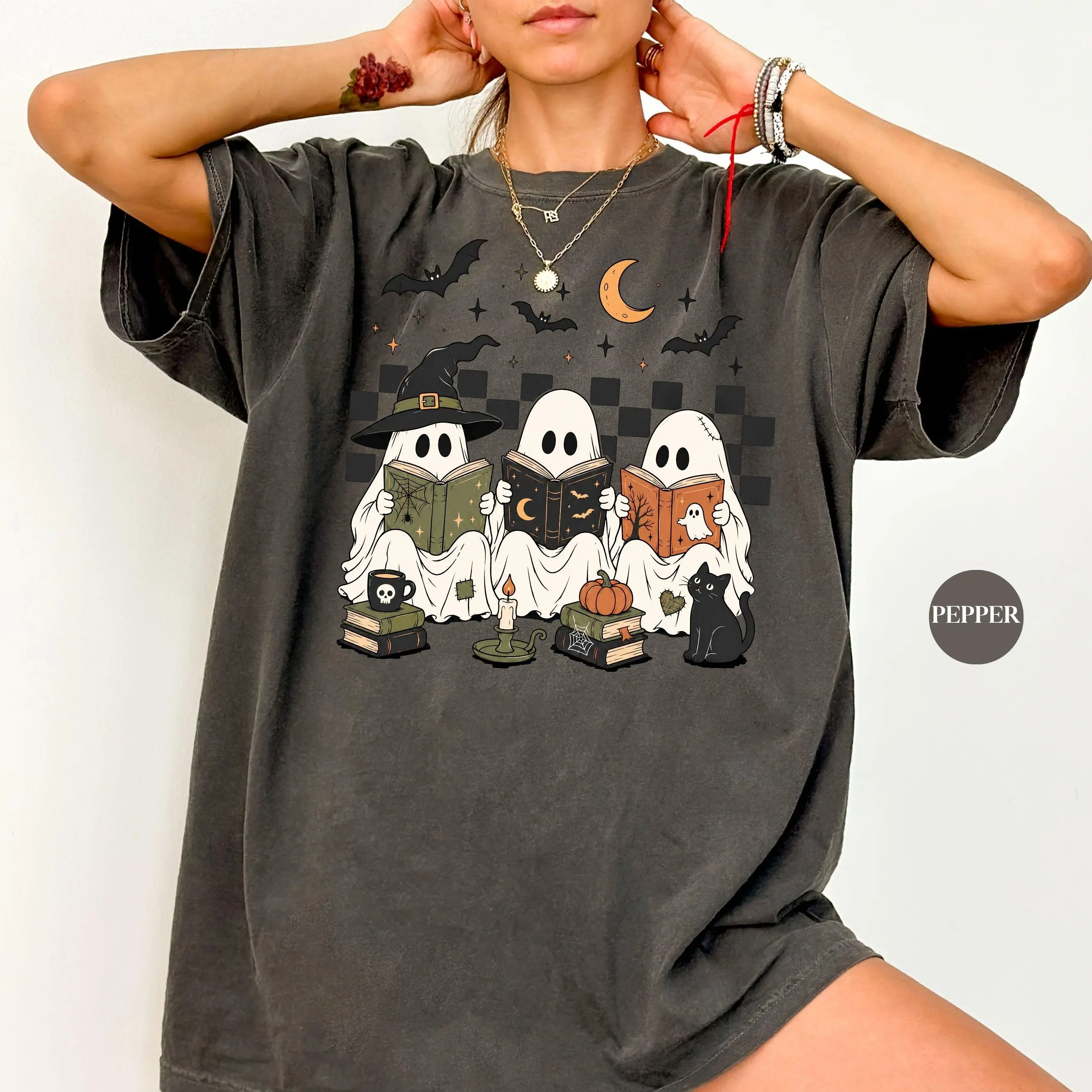 Comfort Colors Halloween Reader Ghost T-Shirt, Retro Bookish Book Lover Fall Aesthetic Reading Tee - photo 2