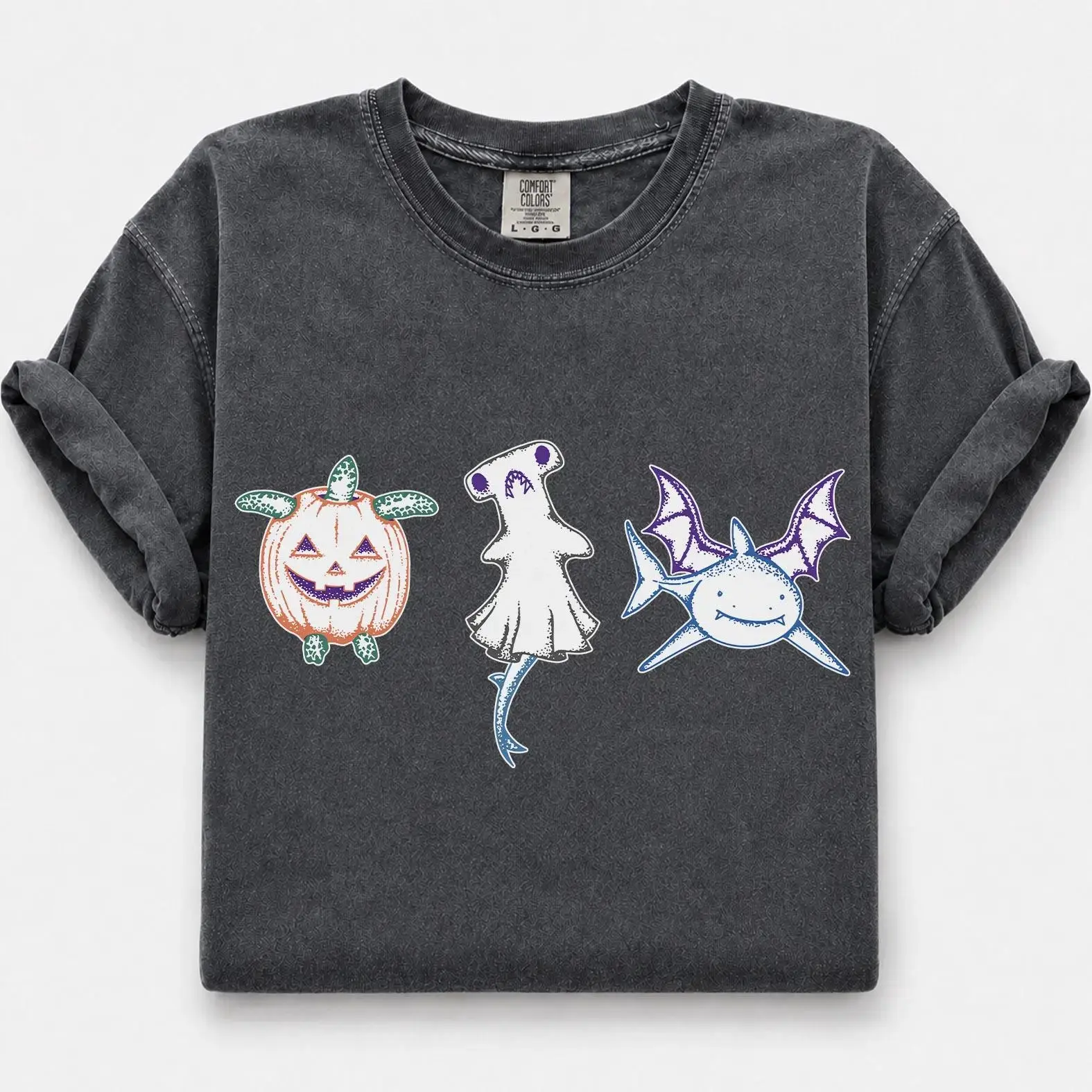Comfort Colors Halloween Shark Shirt, Spooky Hammerhead Ghost Graphic Tee, Pumpkin Turtle Gift for Ocean Animal Lovers