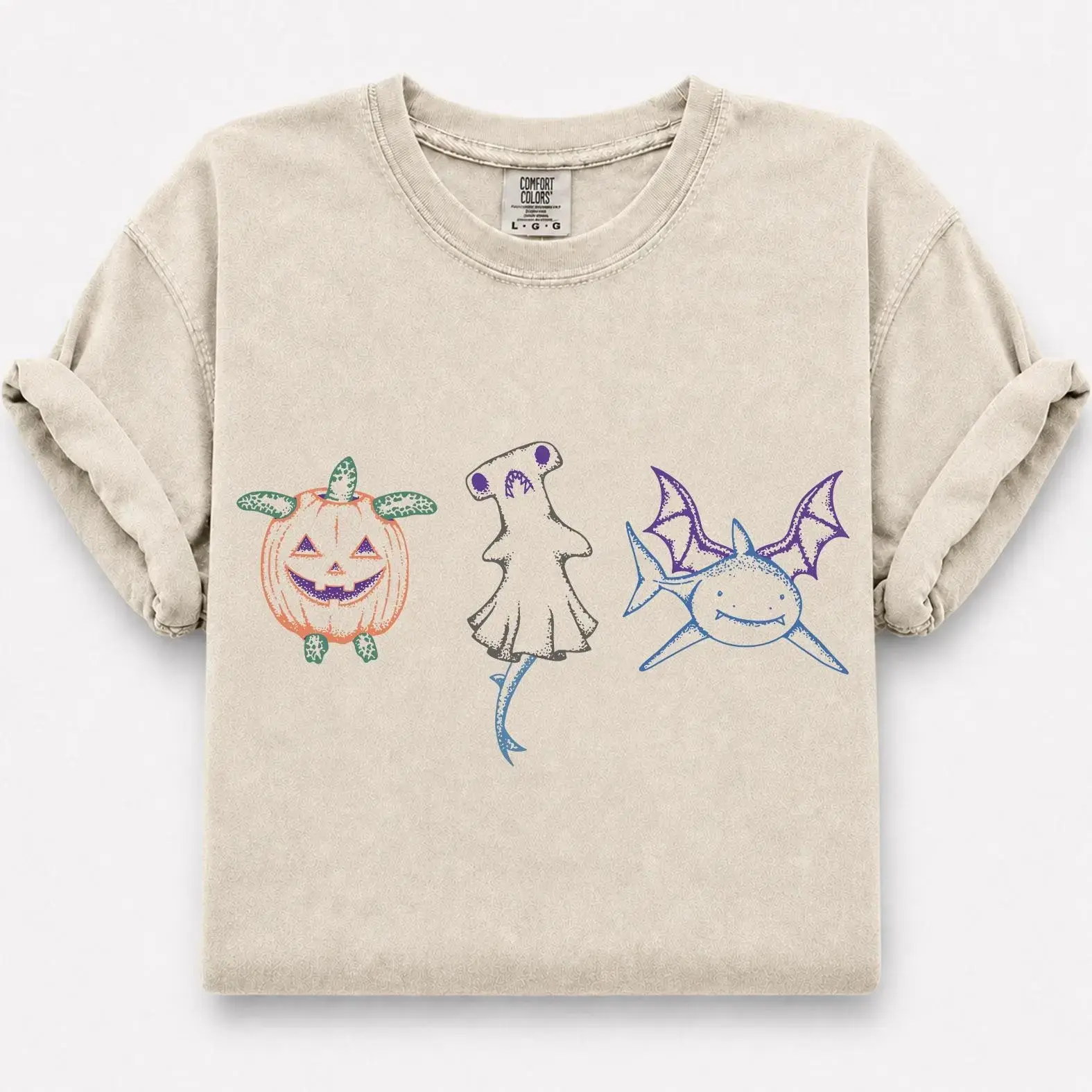 Comfort Colors Halloween Shark Shirt, Spooky Hammerhead Ghost Graphic Tee, Pumpkin Turtle Gift for Ocean Animal Lovers - photo 2