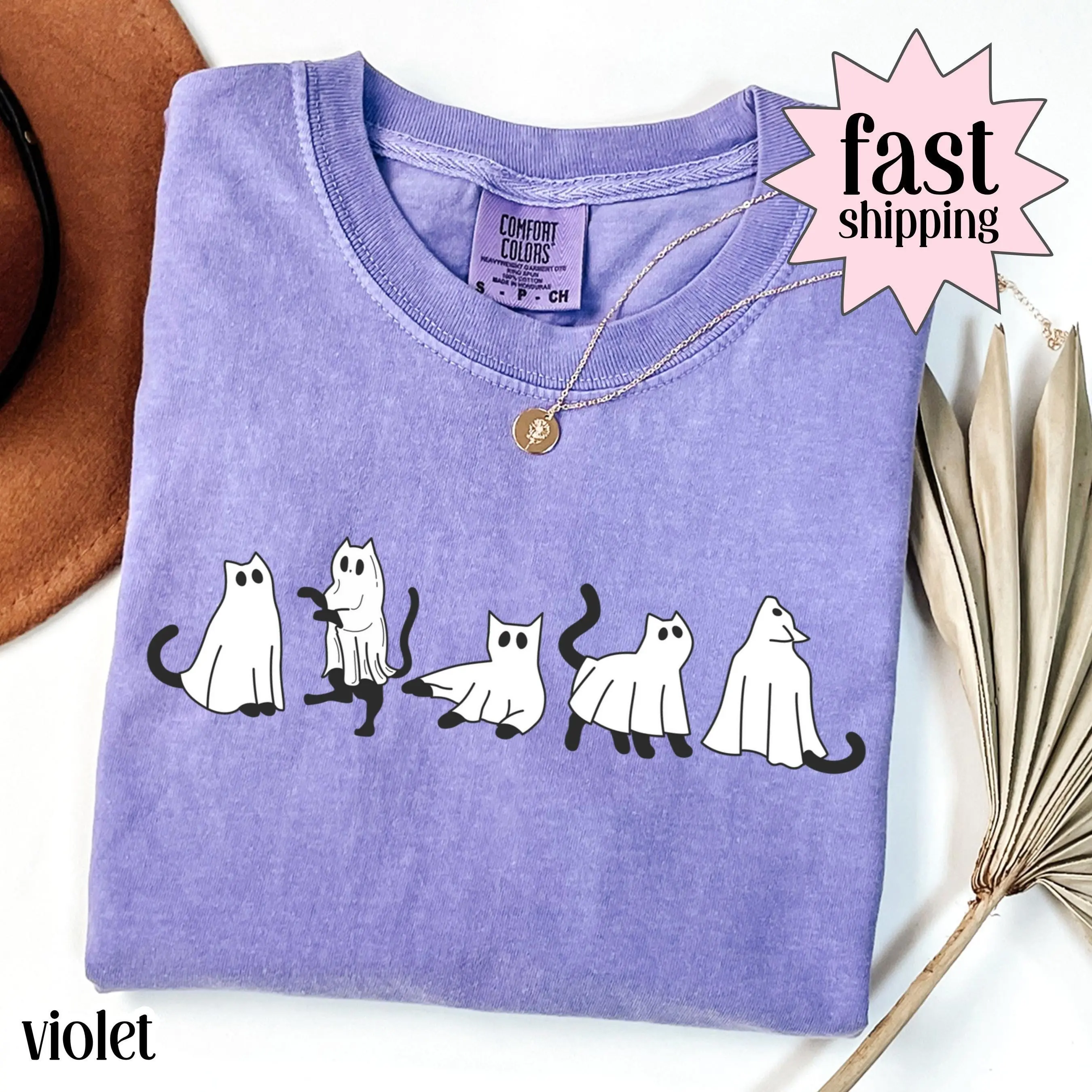 Comfort Colors Halloween Black Cat Ghost Shirt, Cute Fall Spooky Season Graphic Tee, Kitty Lover Gift