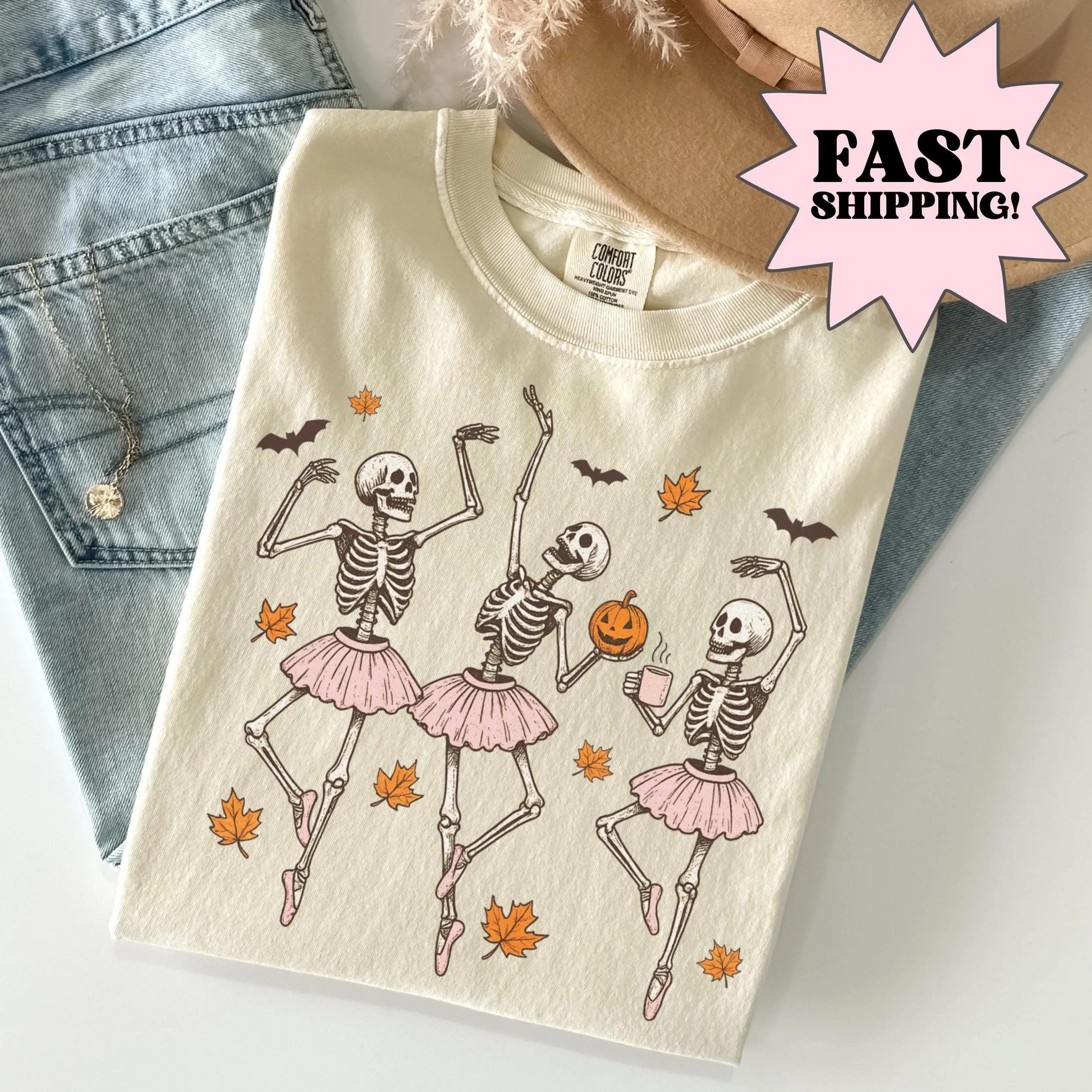 Comfort Colors Dancing Skeletons Halloween Shirt, Cute Spooky Ballet Ballerina Fall Graphic Tee