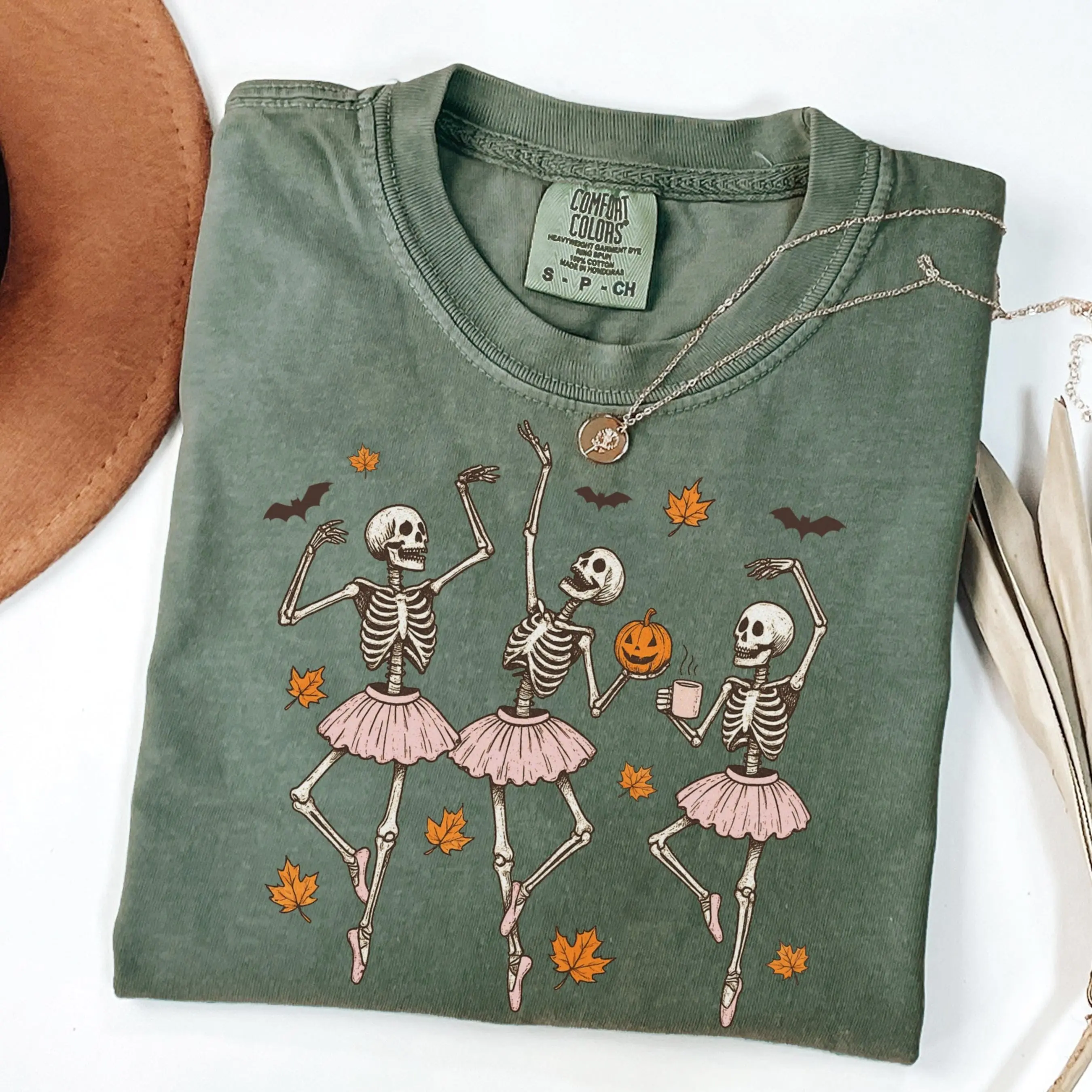 Comfort Colors Dancing Skeletons Halloween Shirt, Cute Spooky Ballet Ballerina Fall Graphic Tee - photo 2