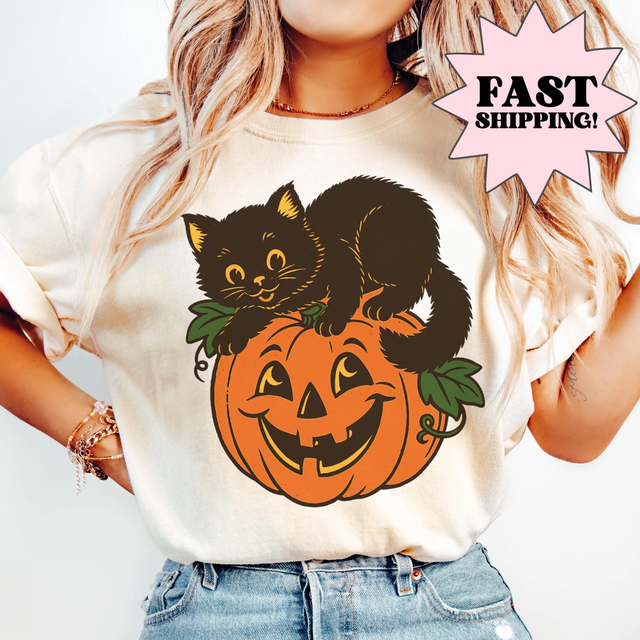 Comfort Colors Vintage Halloween Black Cat Lover Shirt, Cute Pumpkin Graphic Tee