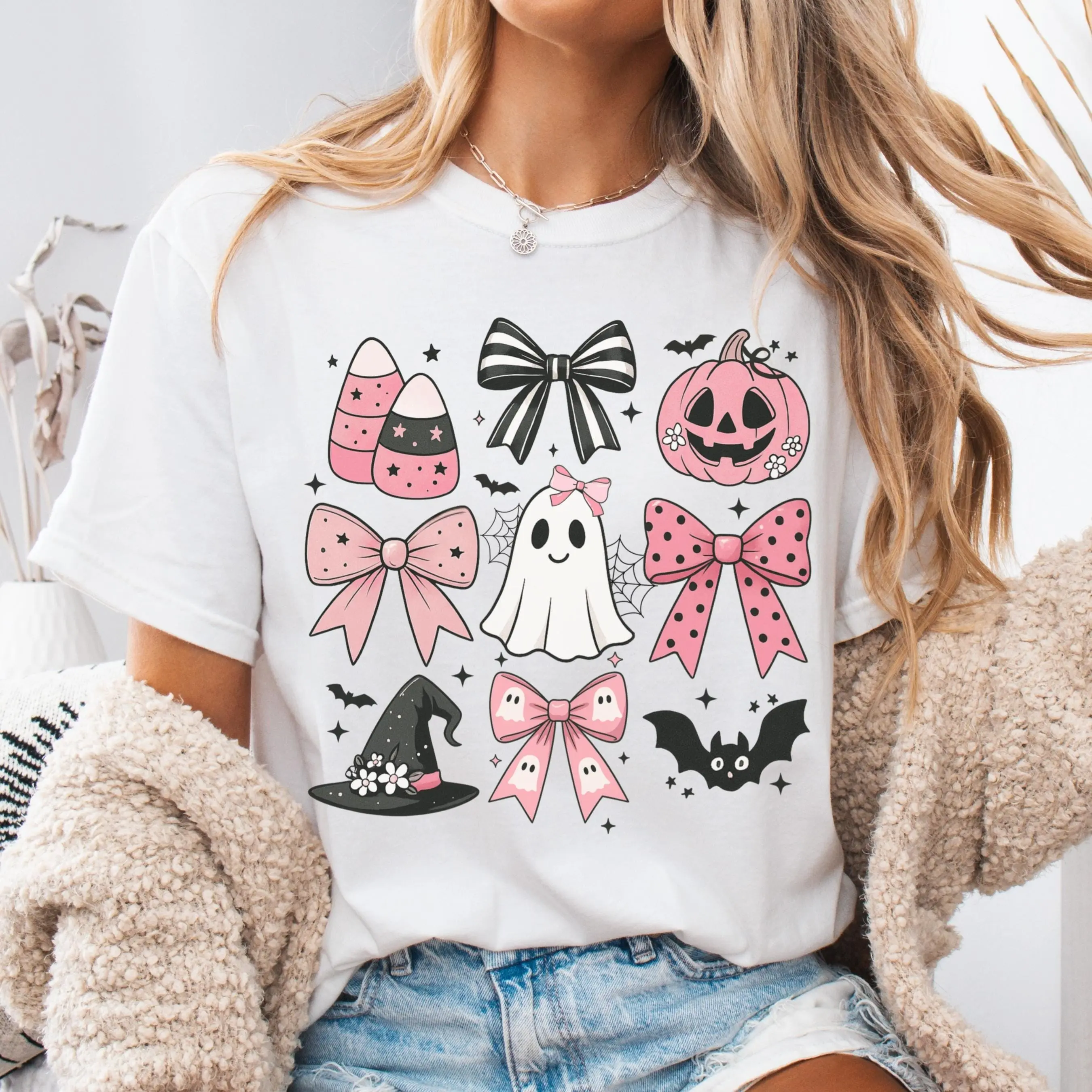 Comfort Colors Halloween Shirt, Pink Girly Bows Cute Ghost Spooky Fall Graphic Tee Gift - photo 2