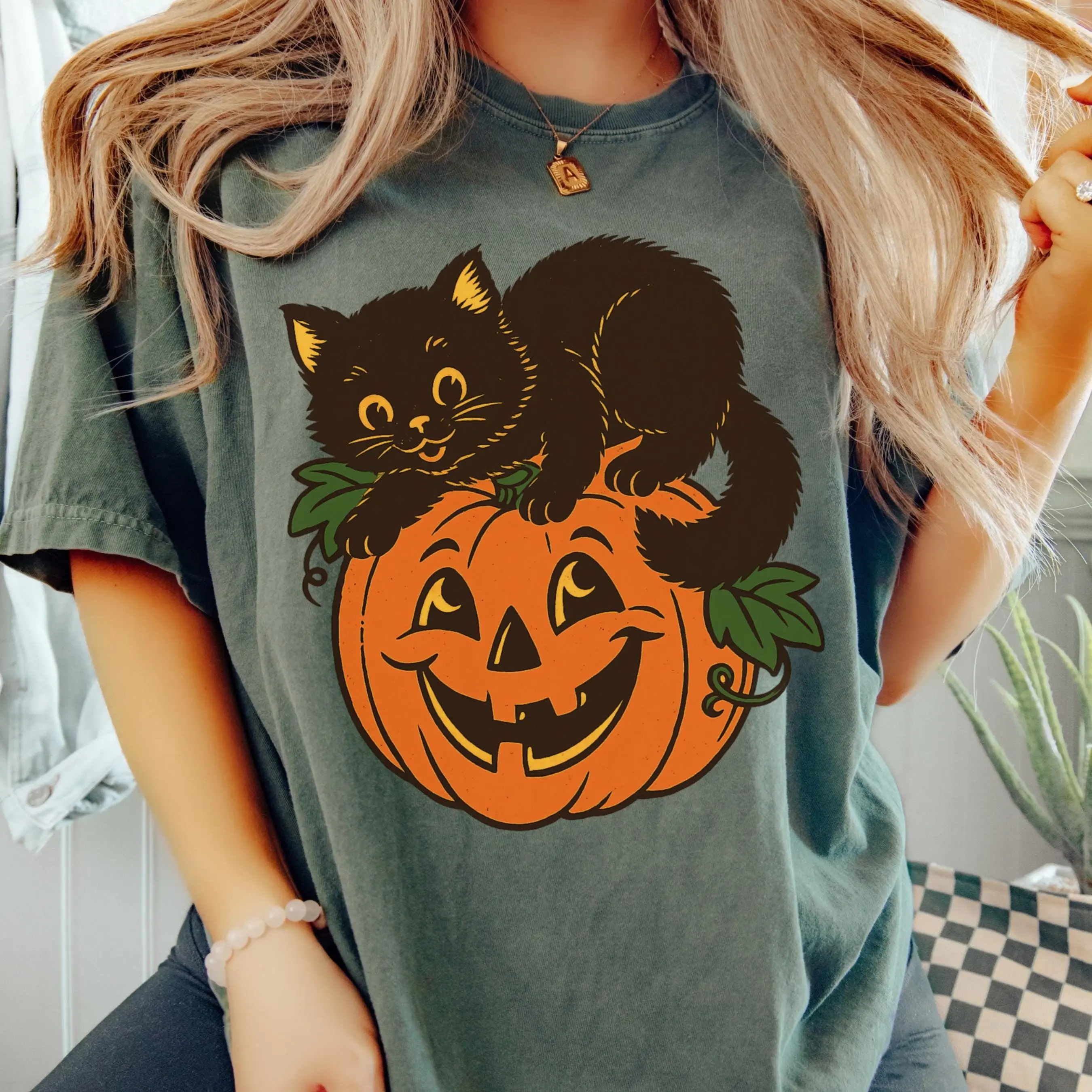 Comfort Colors Vintage Halloween Black Cat Lover Shirt, Cute Pumpkin Graphic Tee - photo 2