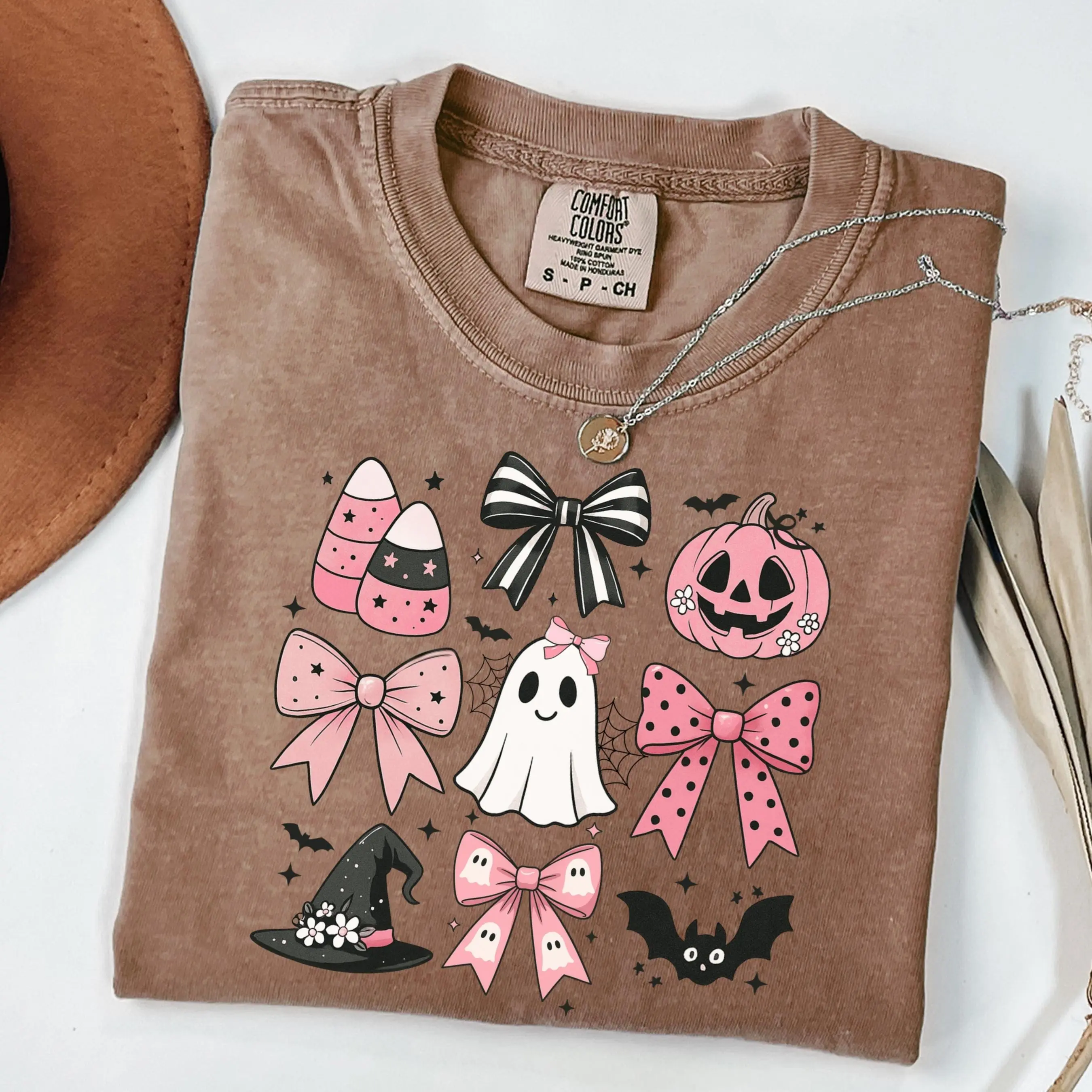 Comfort Colors Halloween Shirt, Pink Girly Bows Cute Ghost Spooky Fall Graphic Tee Gift - photo 3
