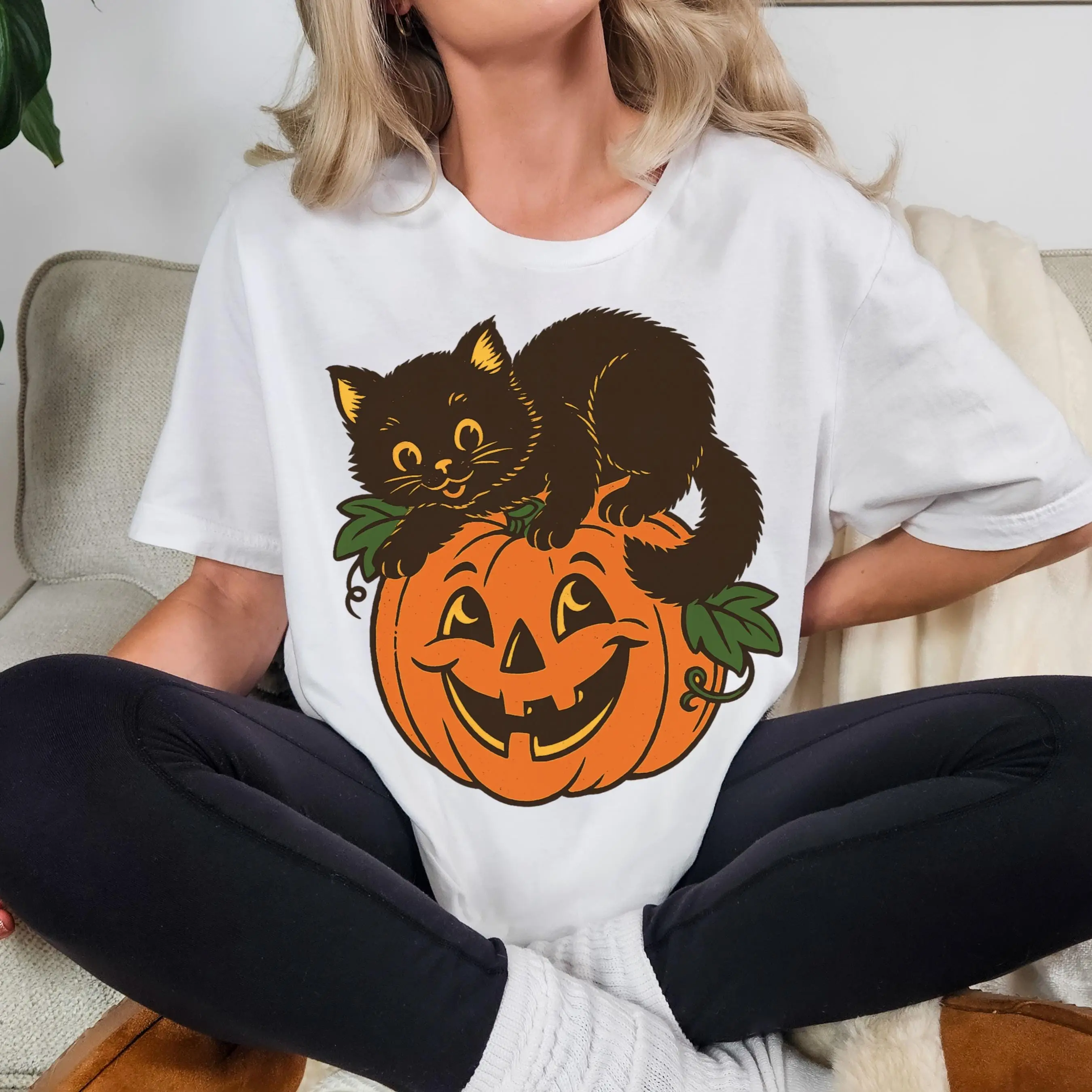 Comfort Colors Vintage Halloween Black Cat Lover Shirt, Cute Pumpkin Graphic Tee - photo 4