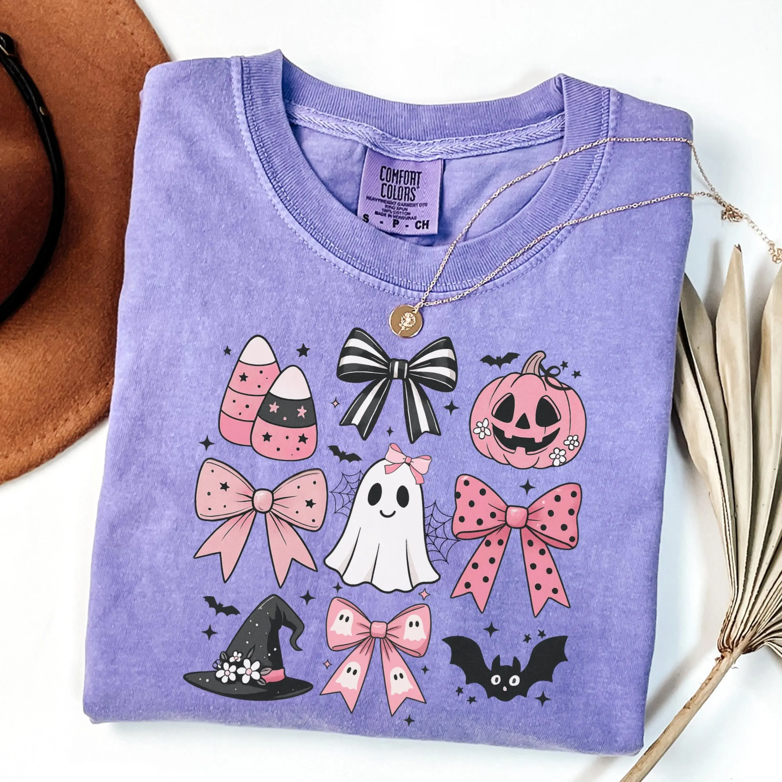 Comfort Colors Halloween Shirt, Pink Girly Bows Cute Ghost Spooky Fall Graphic Tee Gift - photo 4
