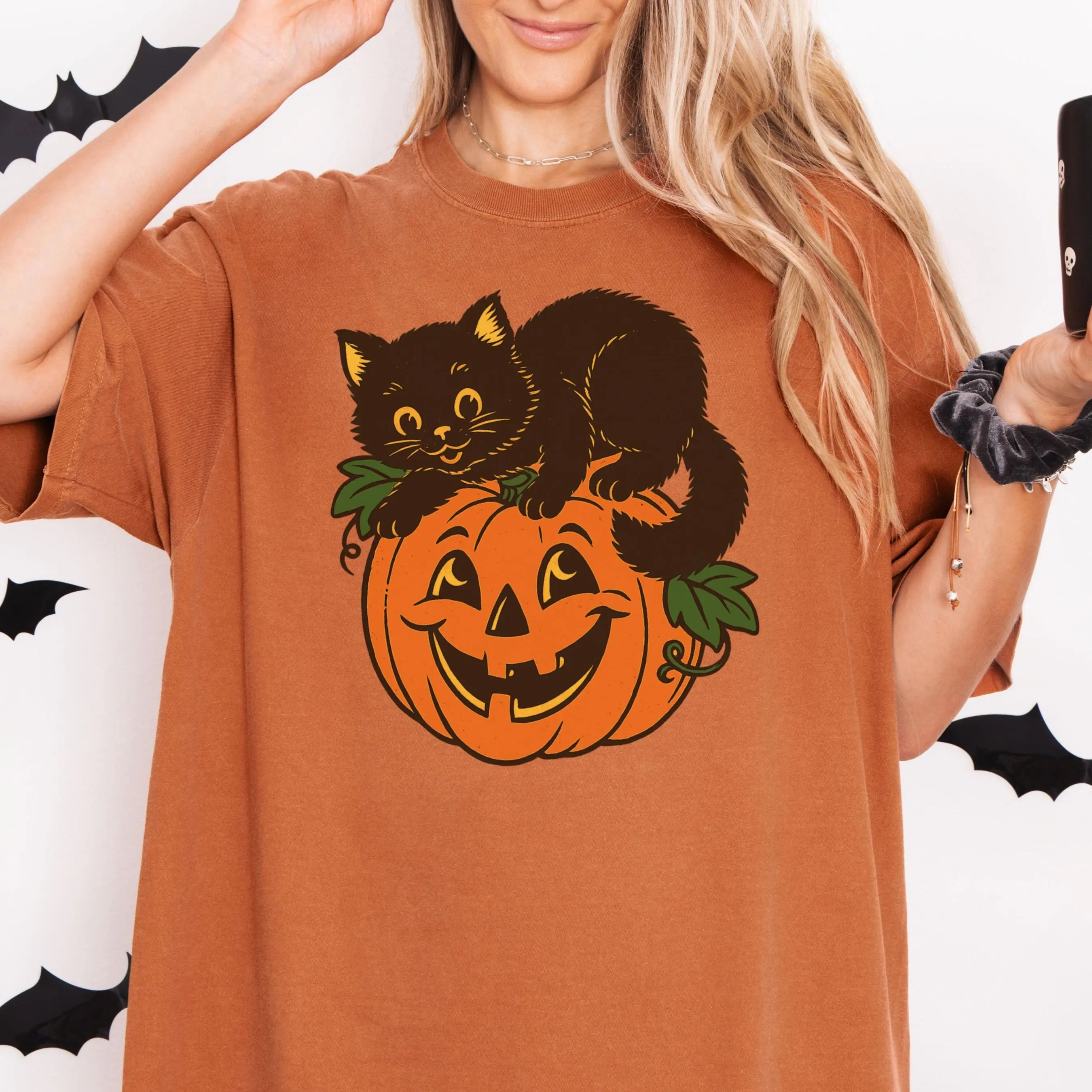 Comfort Colors Vintage Halloween Black Cat Lover Shirt, Cute Pumpkin Graphic Tee - photo 5