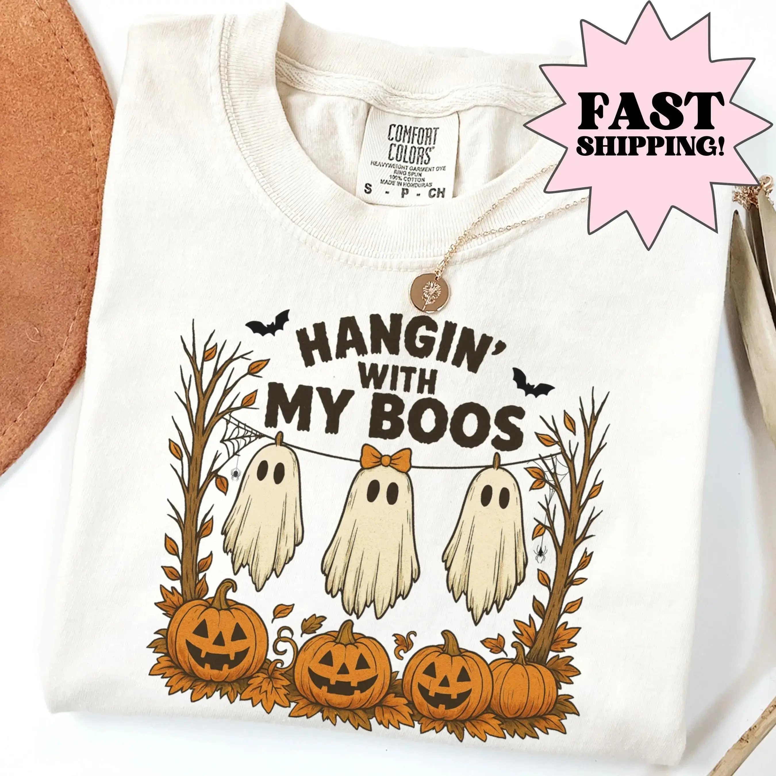 Comfort Colors Hanging With My Boos Halloween Shirt, Cute Ghost Womens Fall Spooky Season Graphic Tee - photo 2