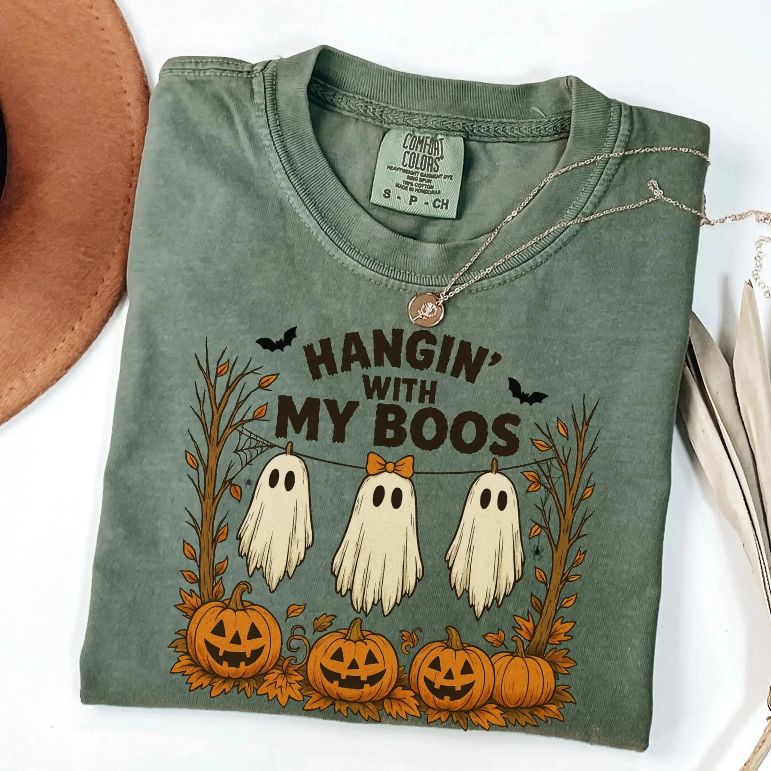 Comfort Colors Hanging With My Boos Halloween Shirt, Cute Ghost Womens Fall Spooky Season Graphic Tee - photo 3