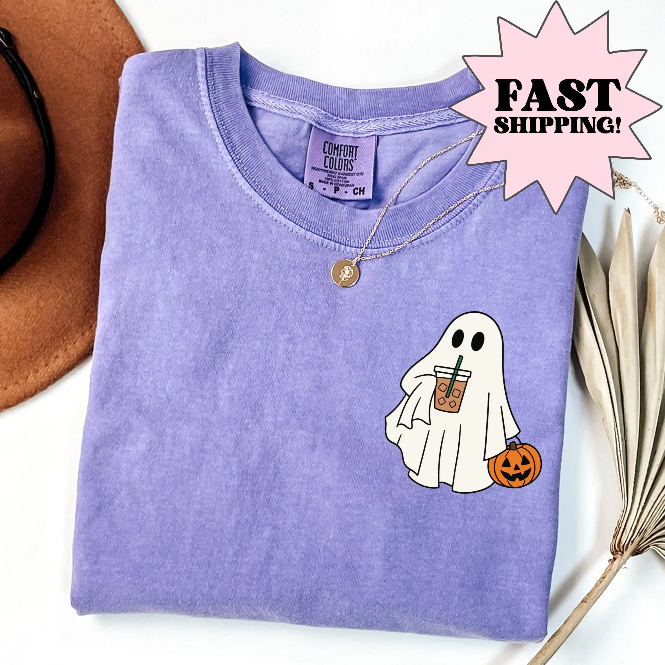 Comfort Colors Iced Coffee Ghost Halloween Shirt, Cute Spooky Fall Lover Graphic Tee Gift