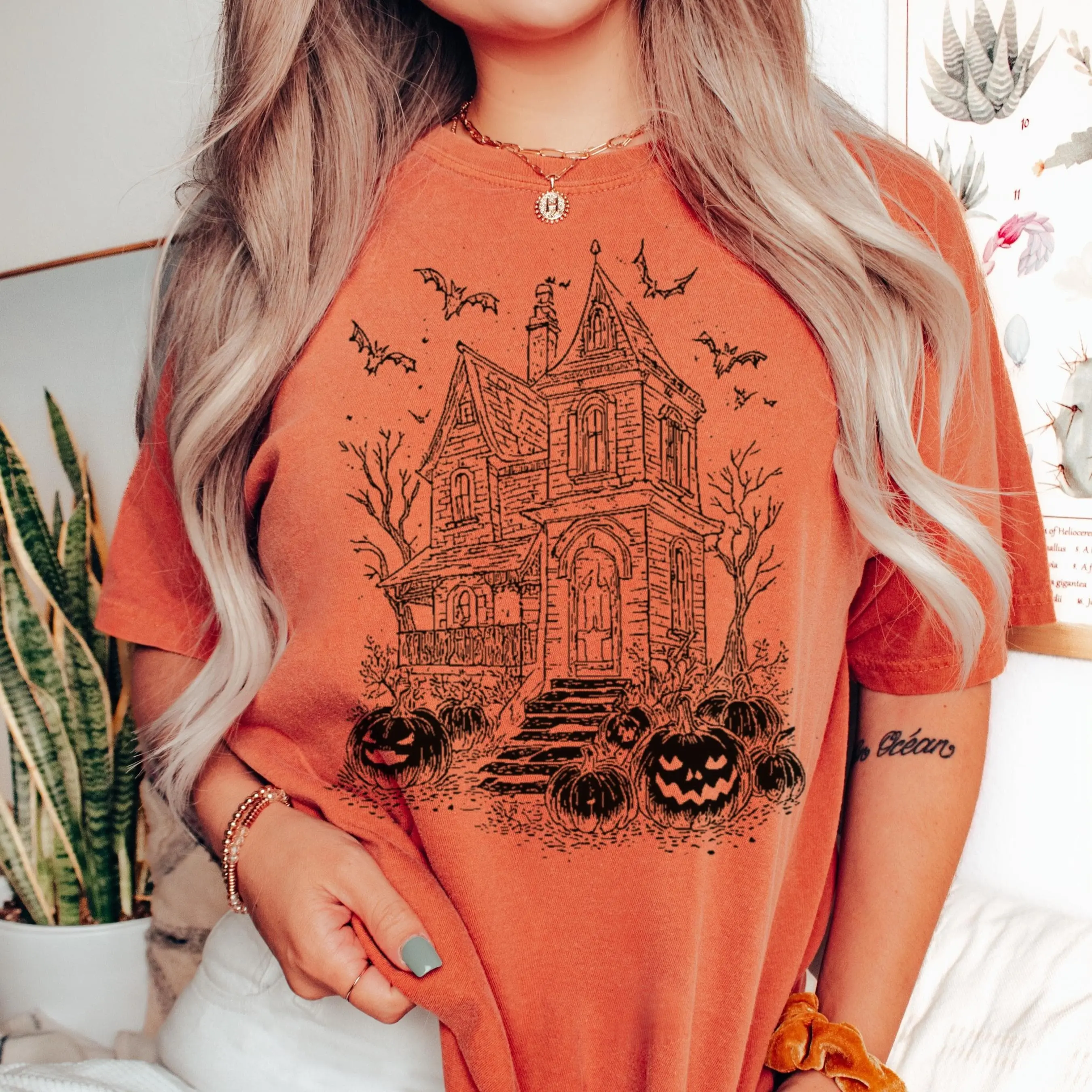 Comfort Colors Halloween Pumpkin Shirt, Haunted House Fall Spooky Gothic Scary Horror Graphic Tee Gift - photo 2