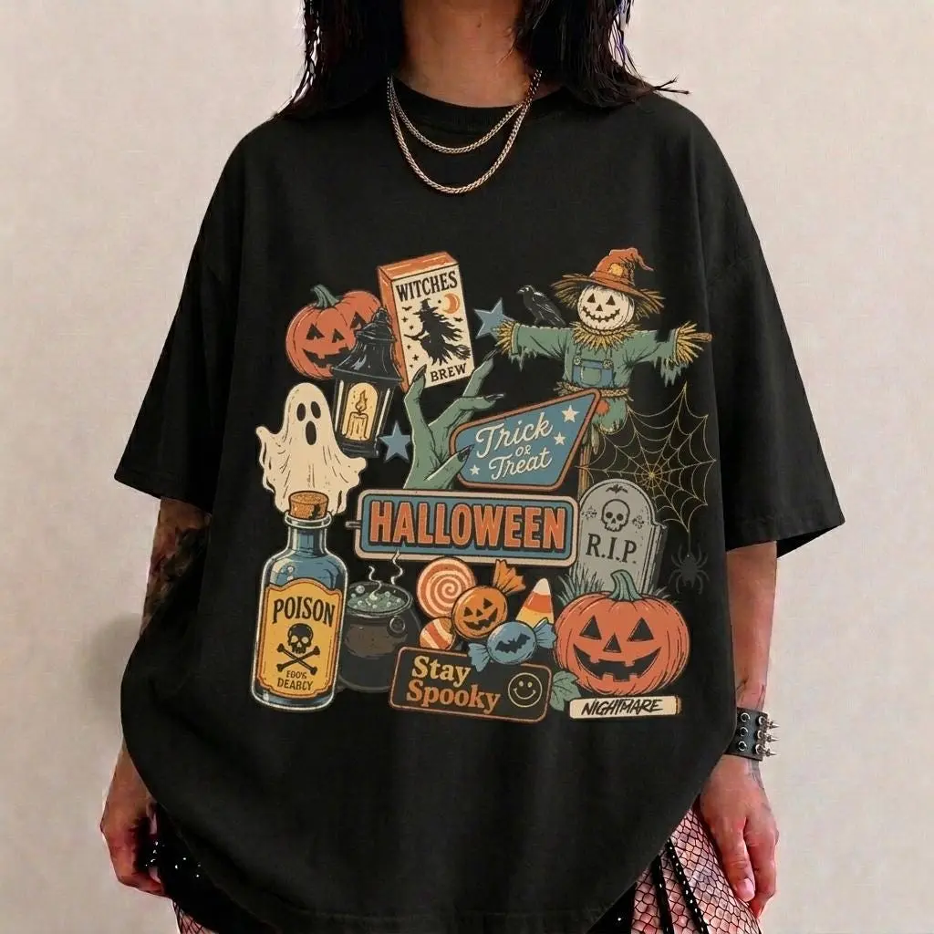 Comfort Colors Halloween Shirt for Women, Retro Vintage Spooky Season Pumpkin Ghost Scarecrow Graphic Tee