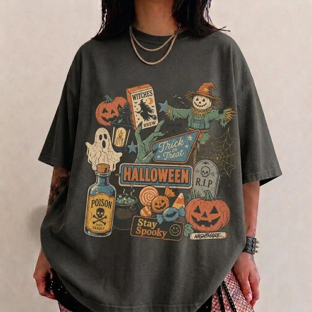 Comfort Colors Halloween Shirt for Women, Retro Vintage Spooky Season Pumpkin Ghost Scarecrow Graphic Tee - photo 2