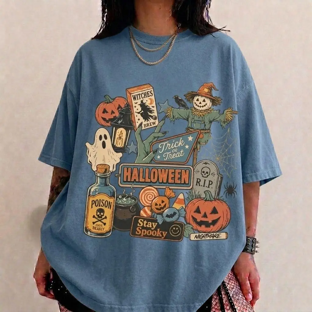 Comfort Colors Halloween Shirt for Women, Retro Vintage Spooky Season Pumpkin Ghost Scarecrow Graphic Tee - photo 3