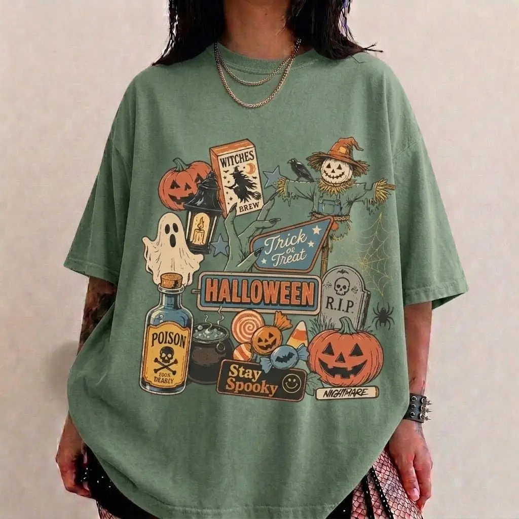 Comfort Colors Halloween Shirt for Women, Retro Vintage Spooky Season Pumpkin Ghost Scarecrow Graphic Tee - photo 4