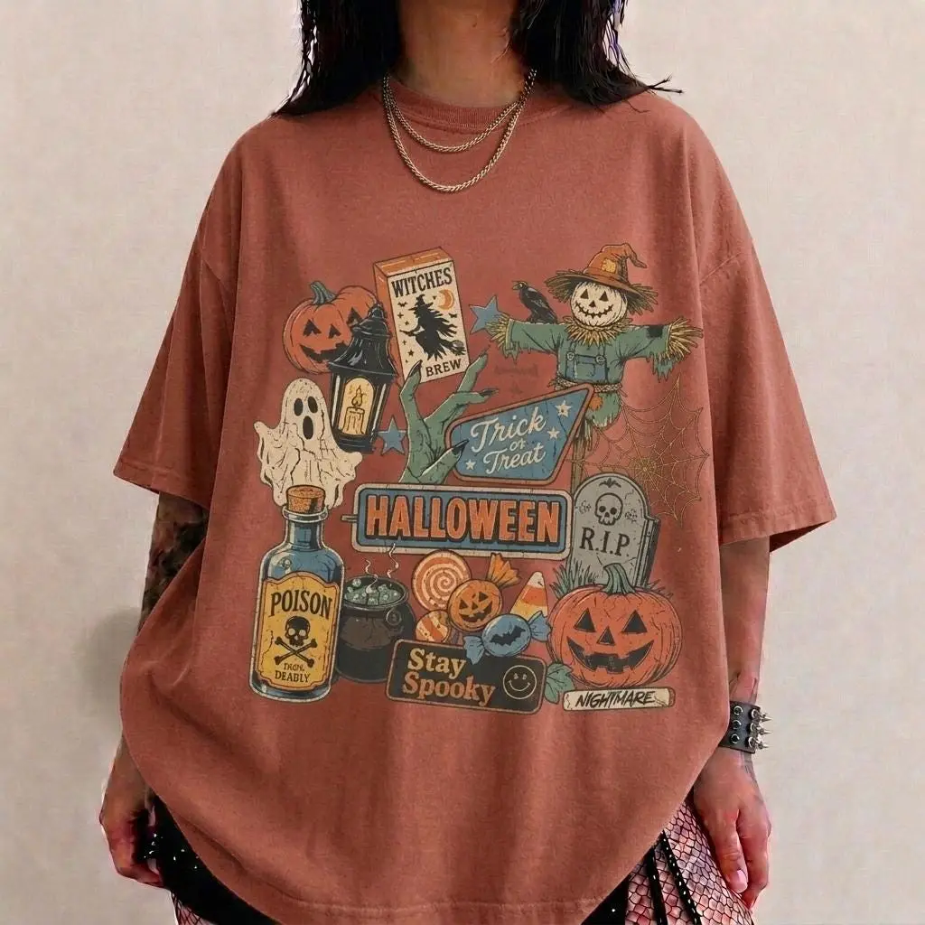 Comfort Colors Halloween Shirt for Women, Retro Vintage Spooky Season Pumpkin Ghost Scarecrow Graphic Tee - photo 5