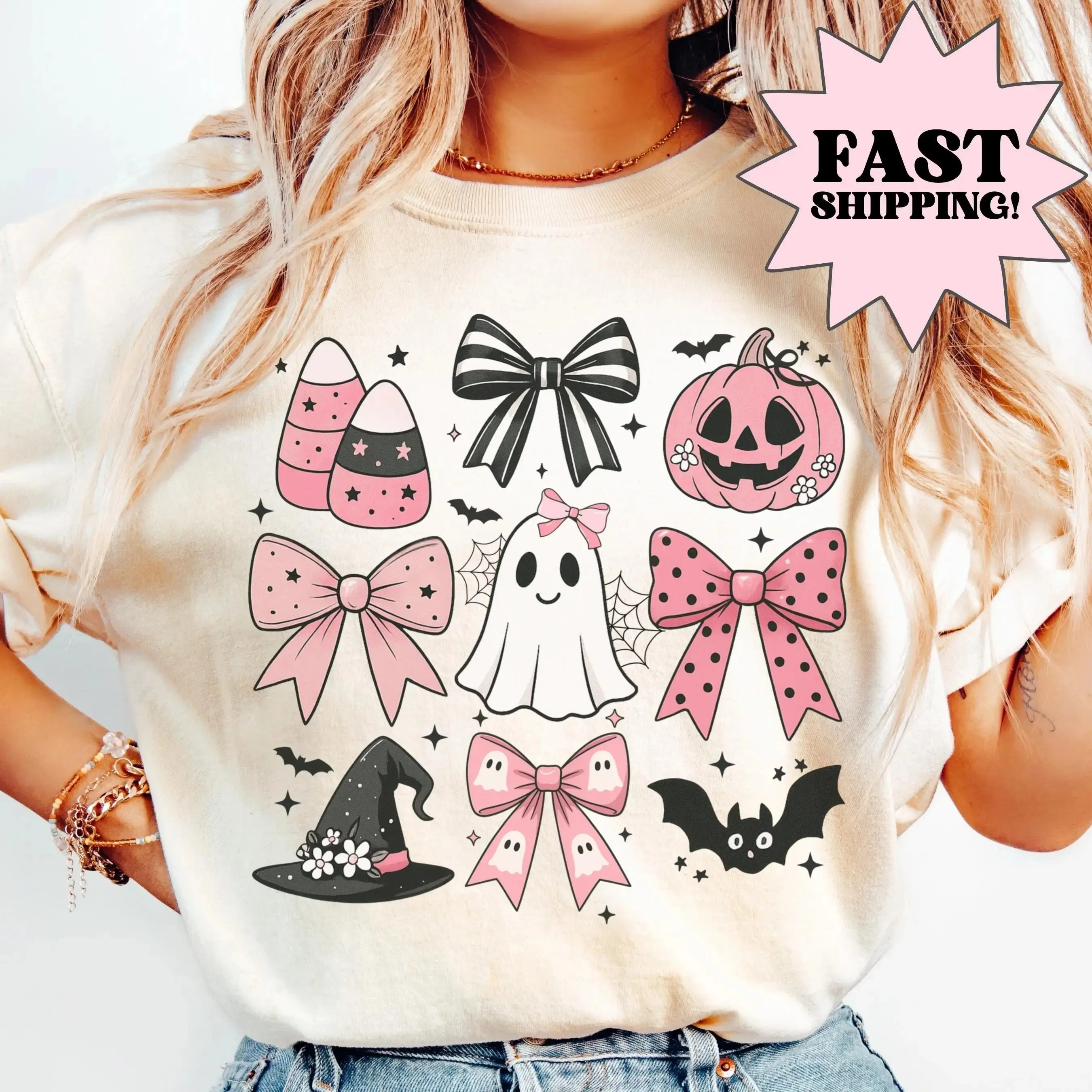 Comfort Colors Pink Girly Bows Ghost Halloween Shirt, Cute Coquette Spooky Fall Graphic Tee for Women