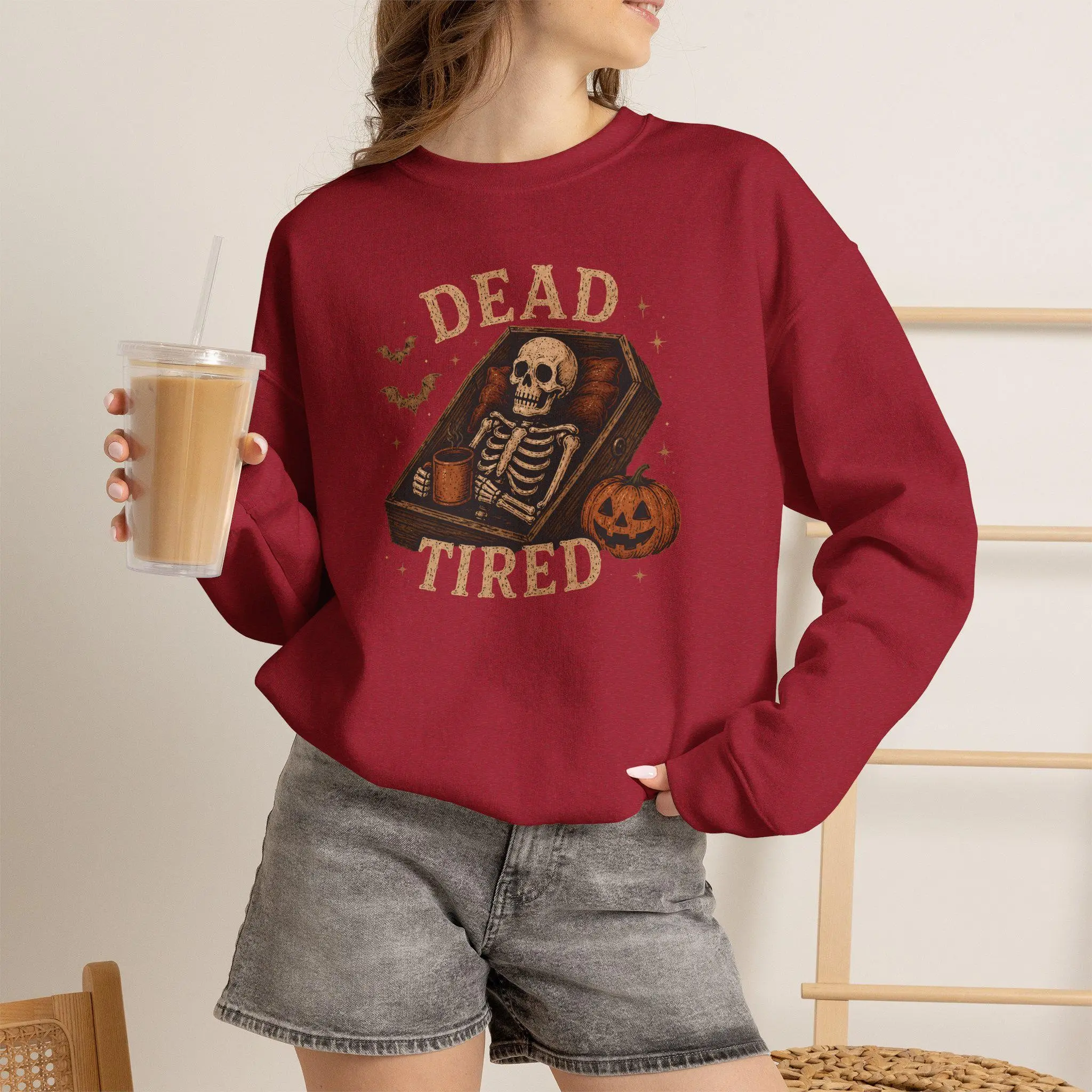 Comfort Colors Halloween Skeleton Shirt, Dead Tired Coffee Funny Coffin Spooky Fall Graphic Tee