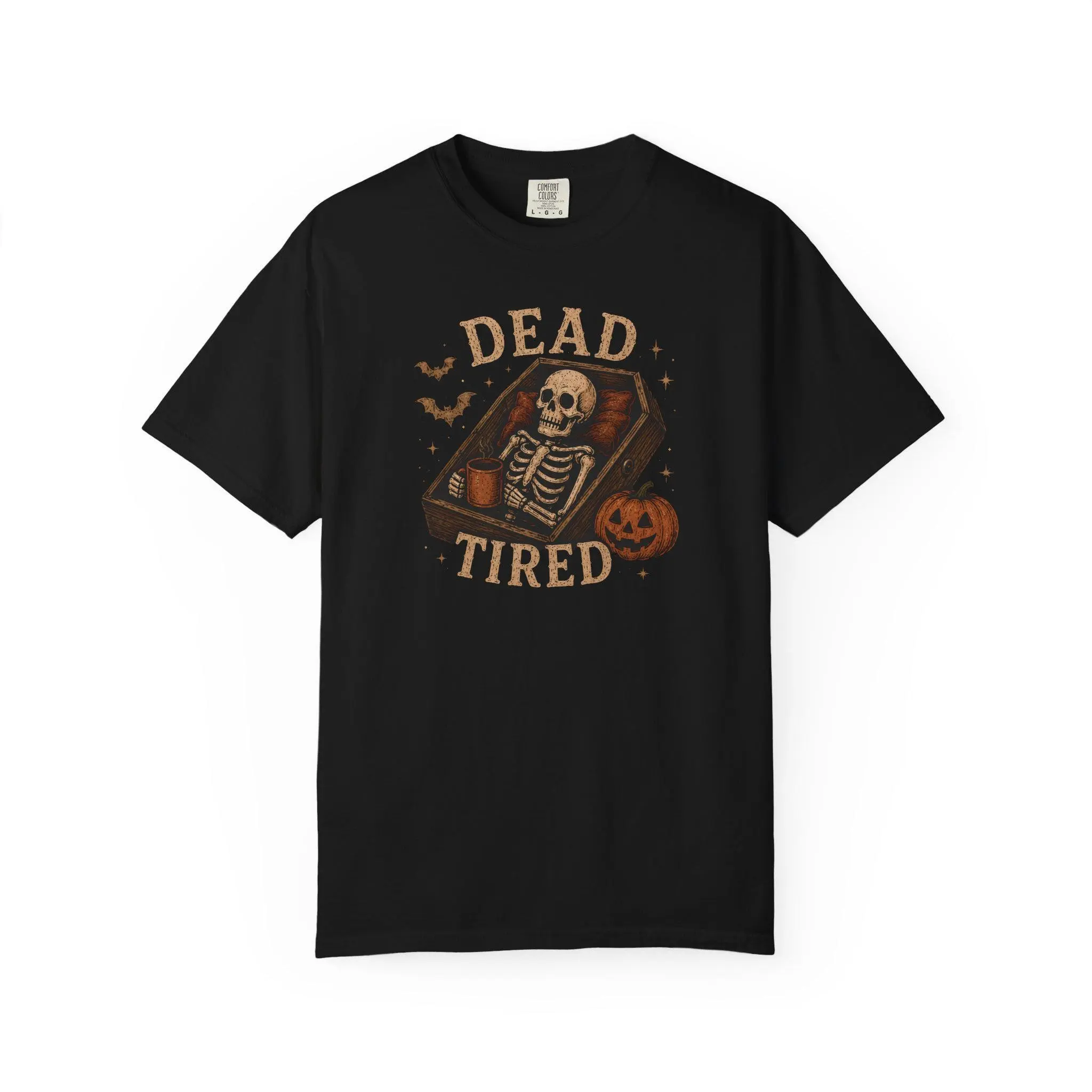 Comfort Colors Halloween Skeleton Shirt, Dead Tired Coffee Funny Coffin Spooky Fall Graphic Tee - photo 4