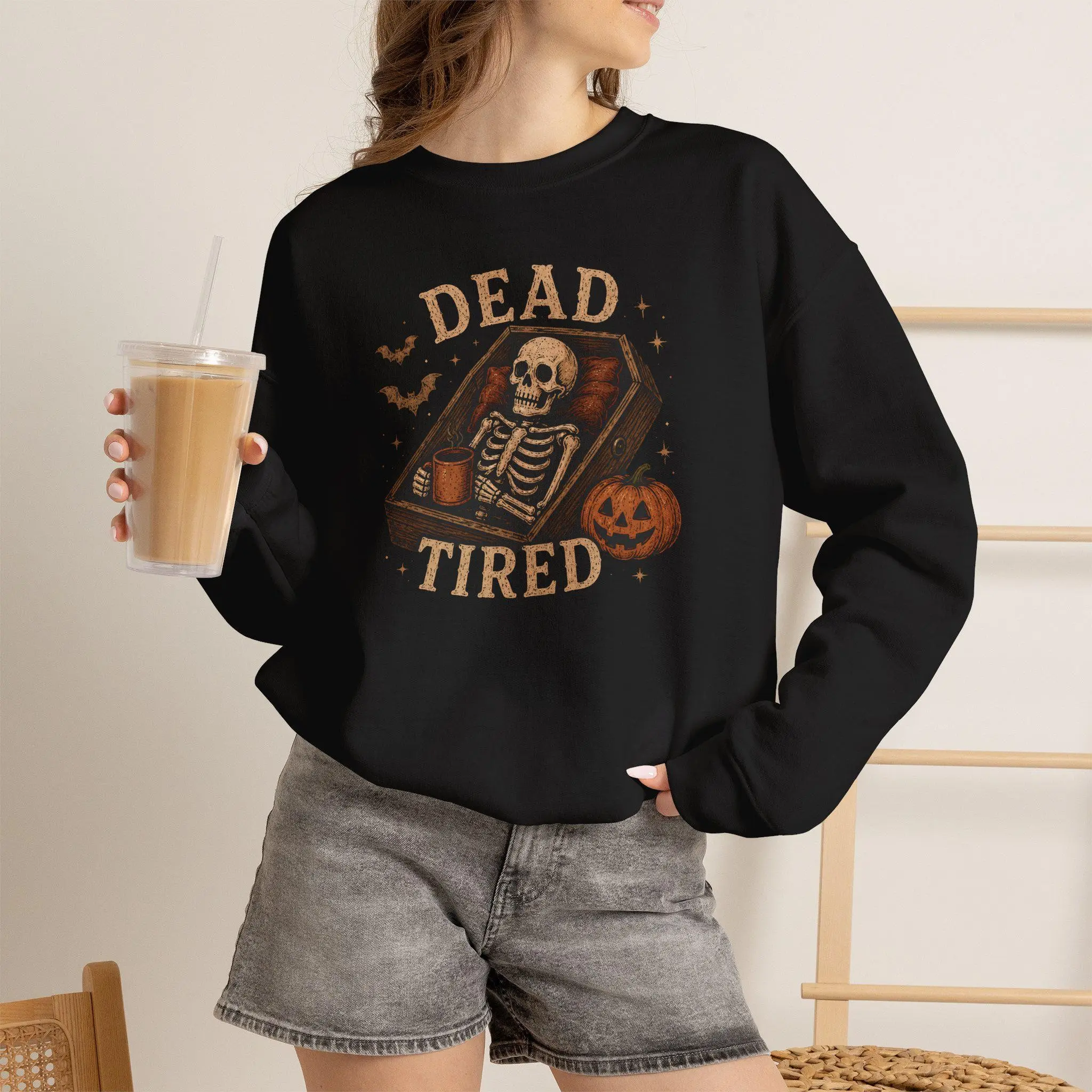 Comfort Colors Halloween Skeleton Shirt, Dead Tired Coffee Funny Coffin Spooky Fall Graphic Tee - photo 5