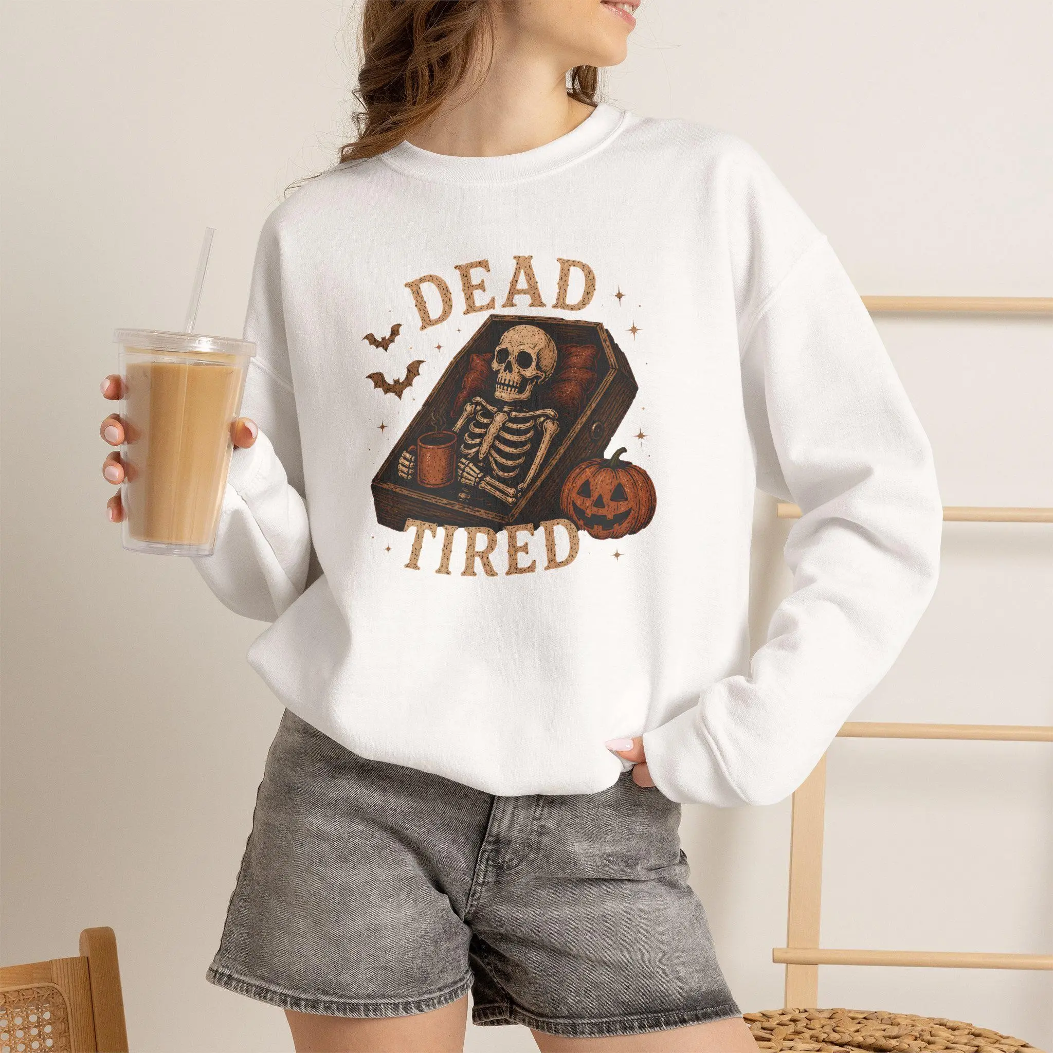 Comfort Colors Halloween Skeleton Sweatshirt, Dead Tired Coffee Funny Coffin Spooky Fall Graphic Top - photo 2