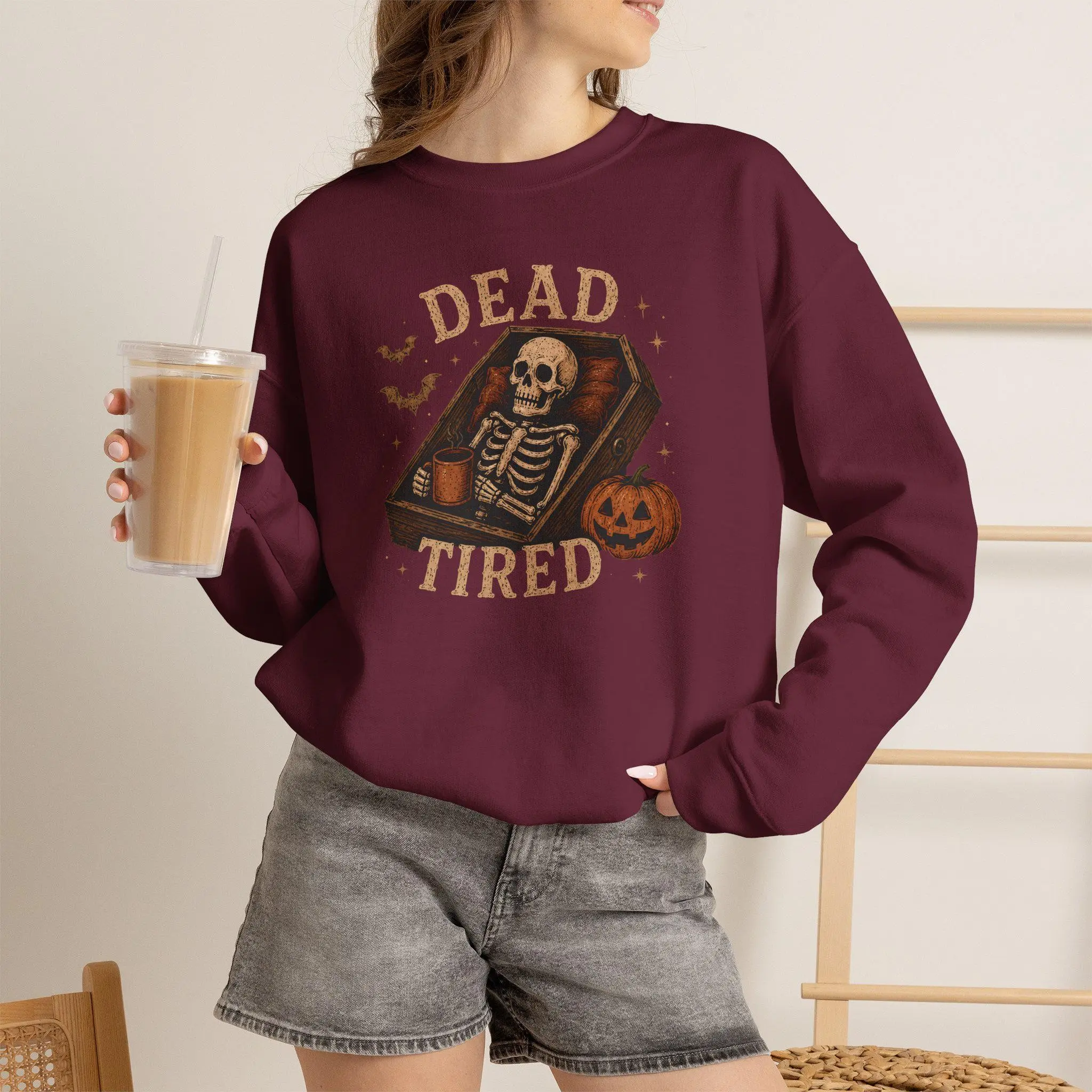 Comfort Colors Halloween Skeleton Sweatshirt, Dead Tired Coffee Funny Coffin Spooky Fall Graphic Top - photo 3