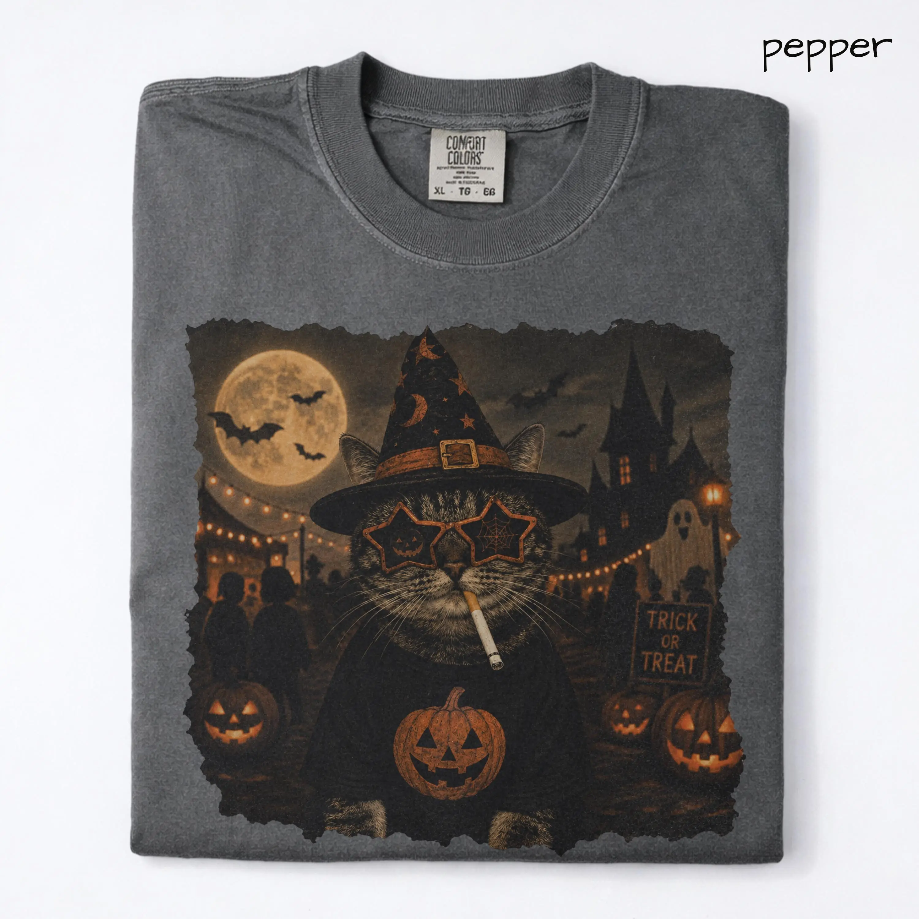 Comfort Colors Halloween Smoking Cat Shirt, Funny Spooky Kitty Graphic Tee, Cute Fall Gift - photo 1