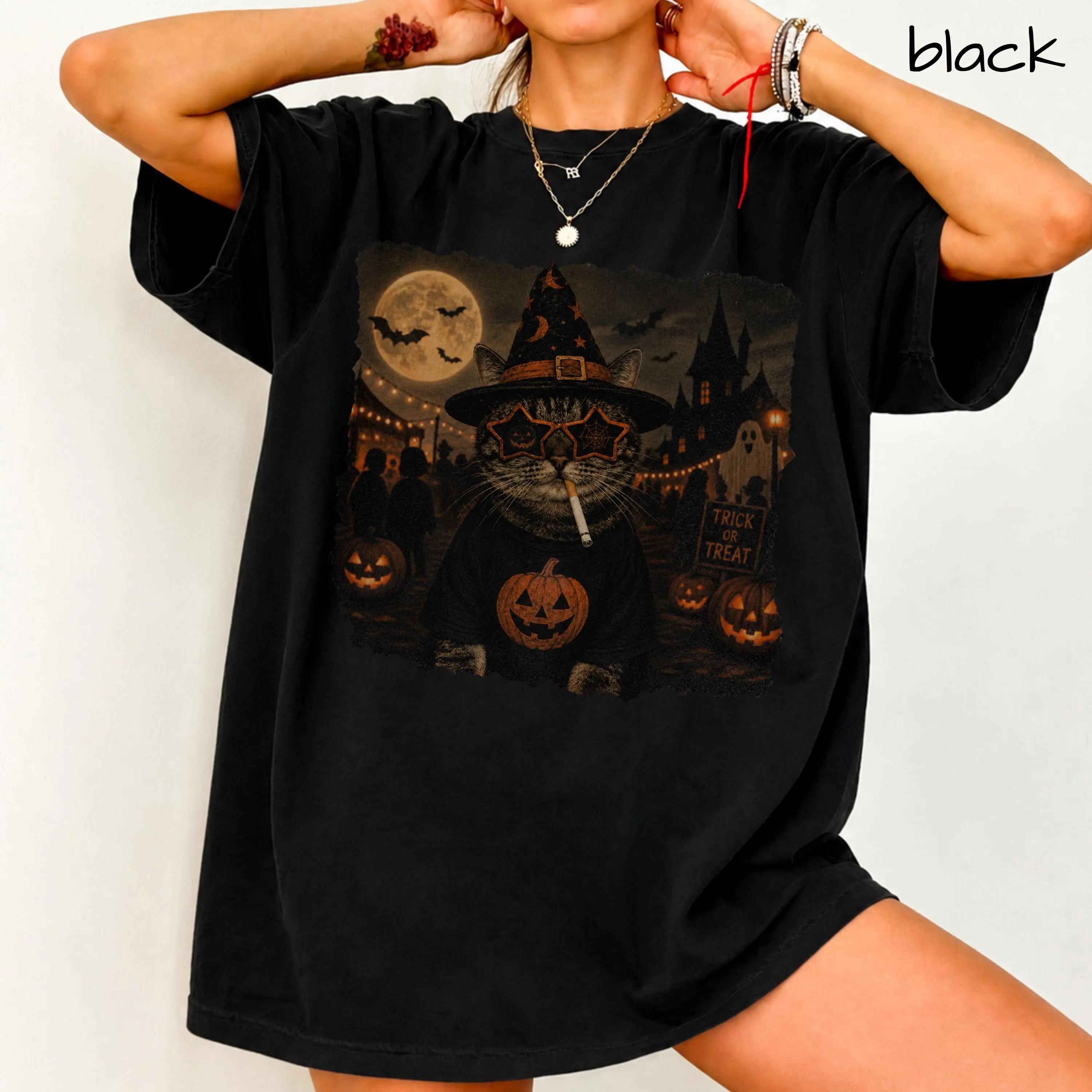 Comfort Colors Halloween Smoking Cat Shirt, Funny Spooky Kitty Graphic Tee, Cute Fall Gift - photo 5