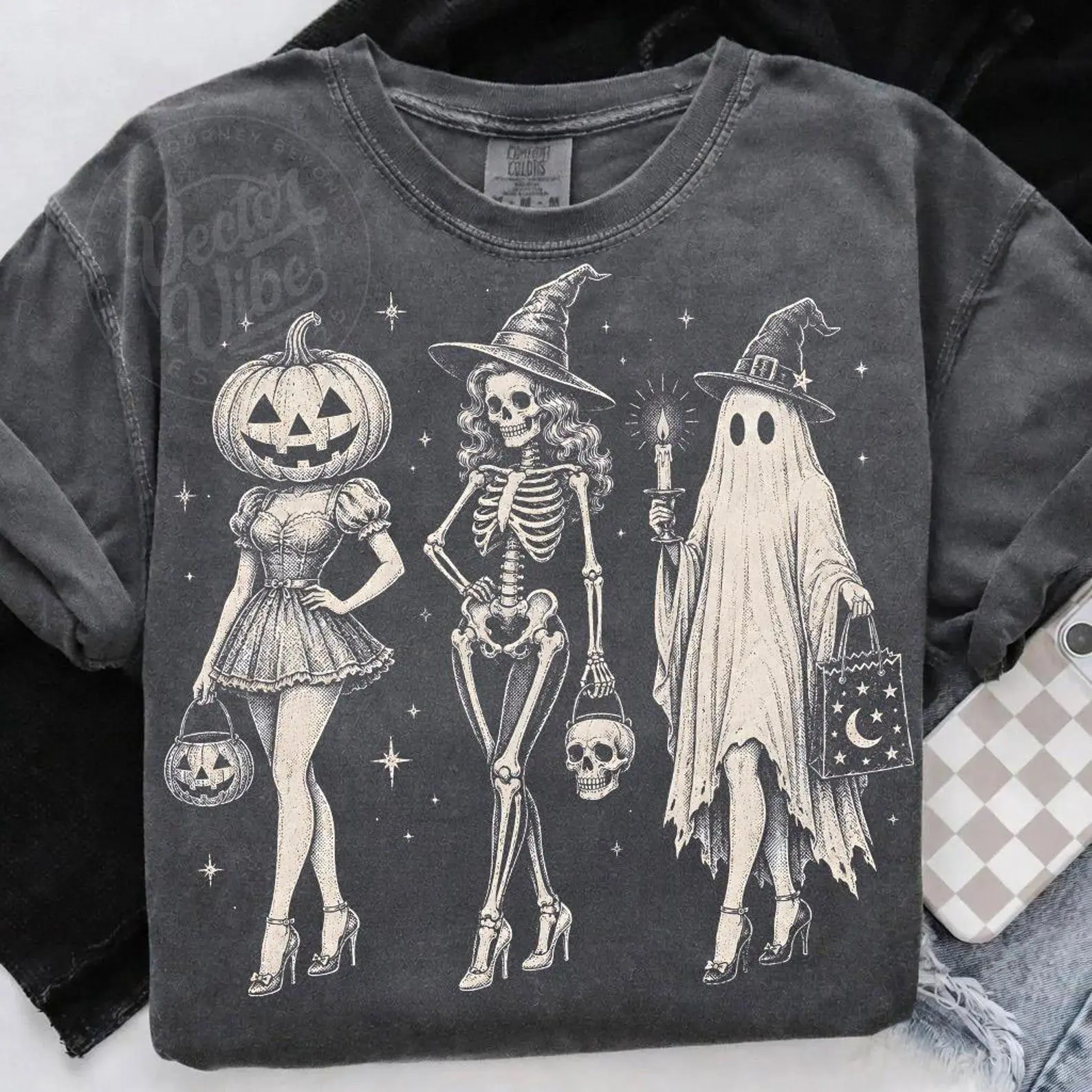 Comfort Colors Halloween Spooky Girl Squad Shirt, Retro Skeleton Ghost Pumpkin Witchy Fall Tee - photo 3