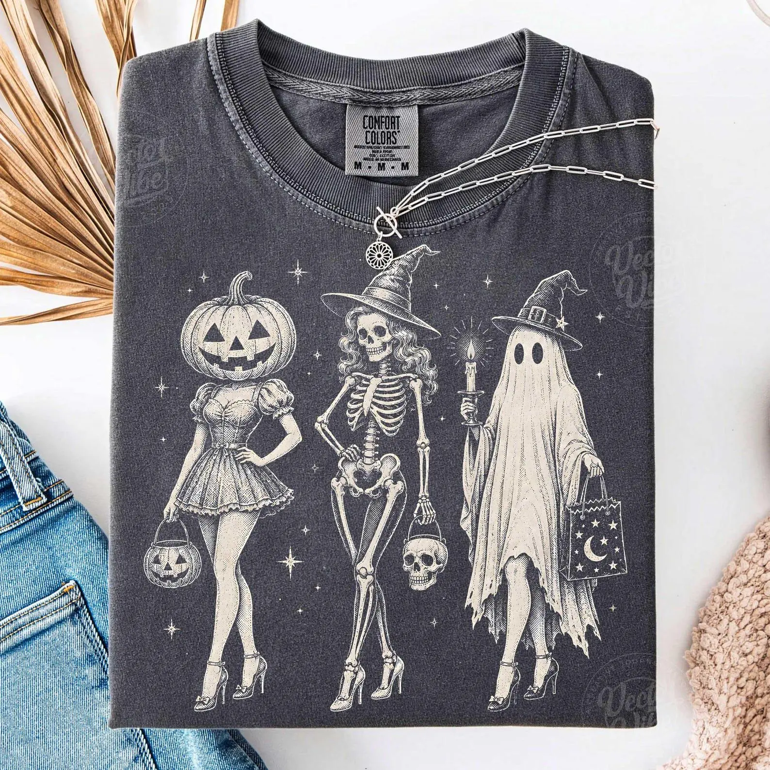 Comfort Colors Halloween Spooky Girl Squad Shirt, Retro Skeleton Ghost Pumpkin Witchy Fall Tee - photo 5