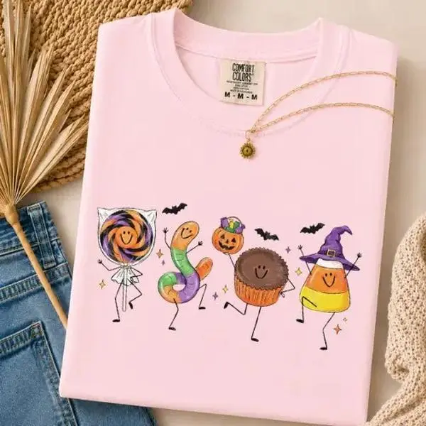 Comfort Colors Halloween Sweet Treats Shirt, Cute Candy Corn Cupcake Spooky Trick Or Treat Graphic Tee