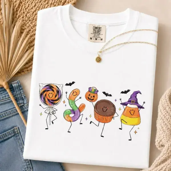 Comfort Colors Halloween Sweet Treats Shirt, Cute Candy Corn Cupcake Spooky Trick Or Treat Graphic Tee - photo 2