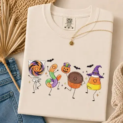 Comfort Colors Halloween Sweet Treats Shirt, Cute Candy Corn Cupcake Spooky Trick Or Treat Graphic Tee - photo 3
