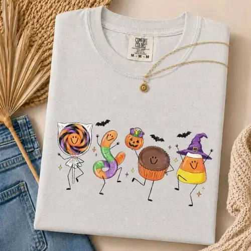 Comfort Colors Halloween Sweet Treats Shirt, Cute Candy Corn Cupcake Spooky Trick Or Treat Graphic Tee - photo 4