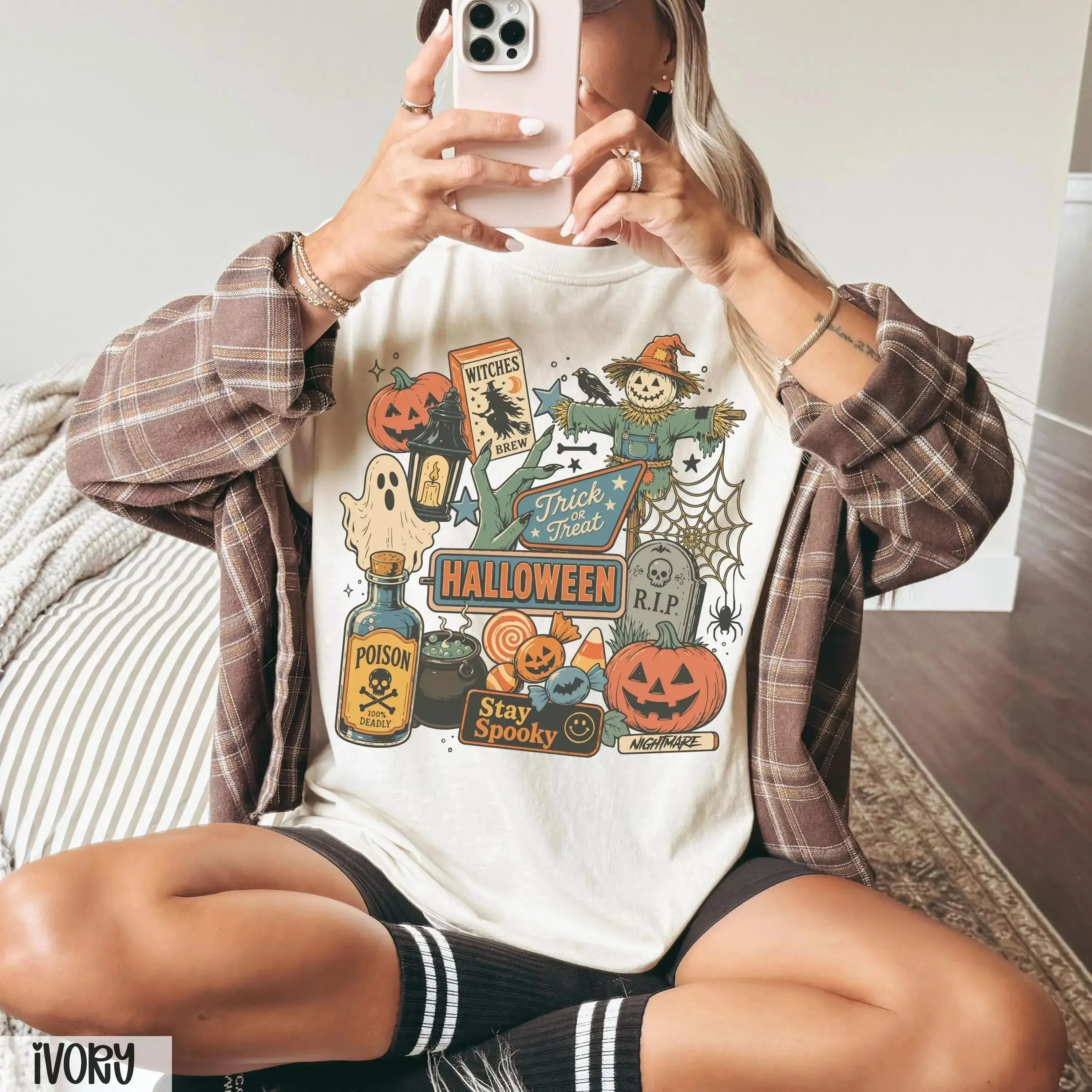 Comfort Colors Halloween T-Shirt for Women, Pumpkin Ghost Graphic Tee, Cute Retro Vintage Fall Top - photo 2