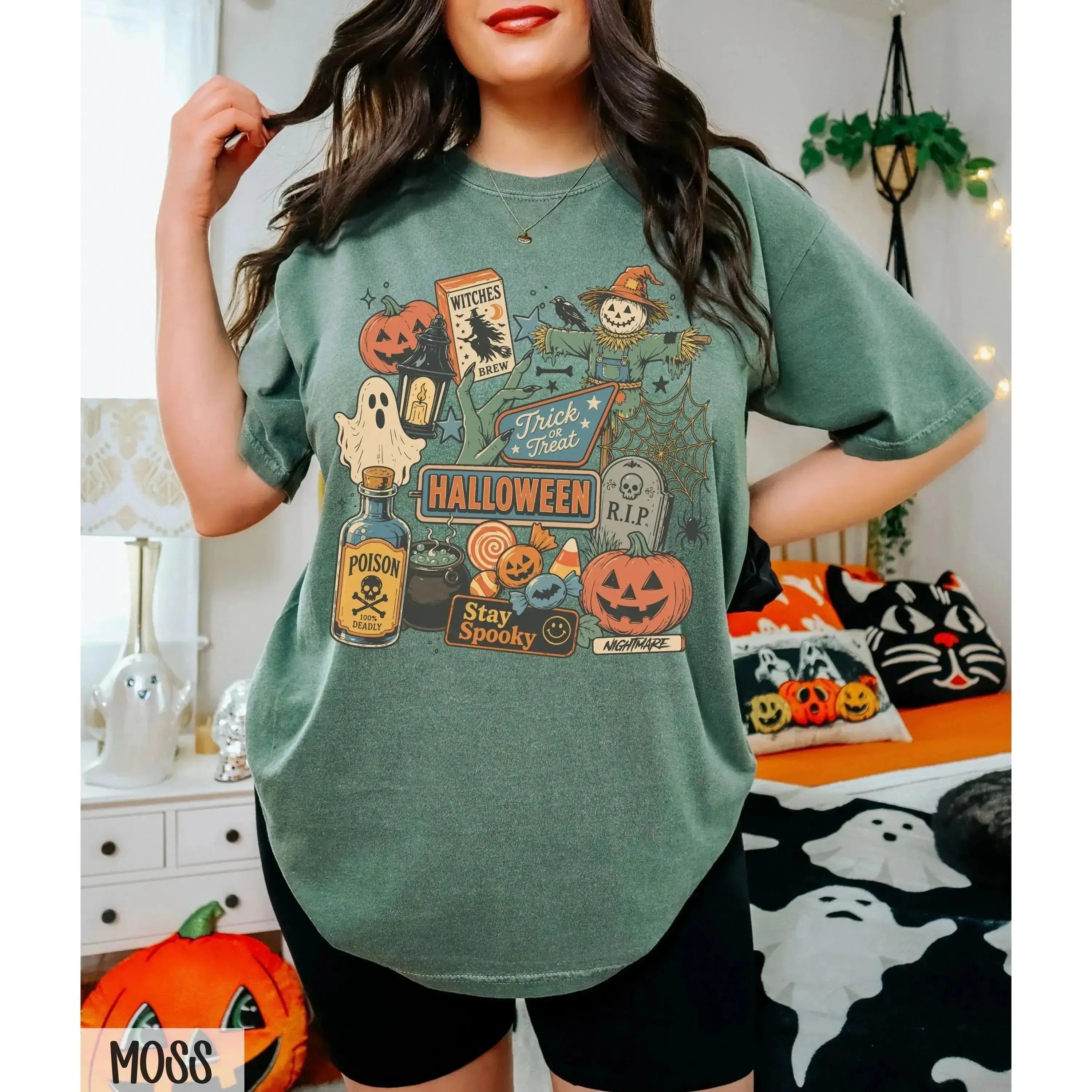 Comfort Colors Halloween T-Shirt for Women, Pumpkin Ghost Graphic Tee, Cute Retro Vintage Fall Top - photo 3