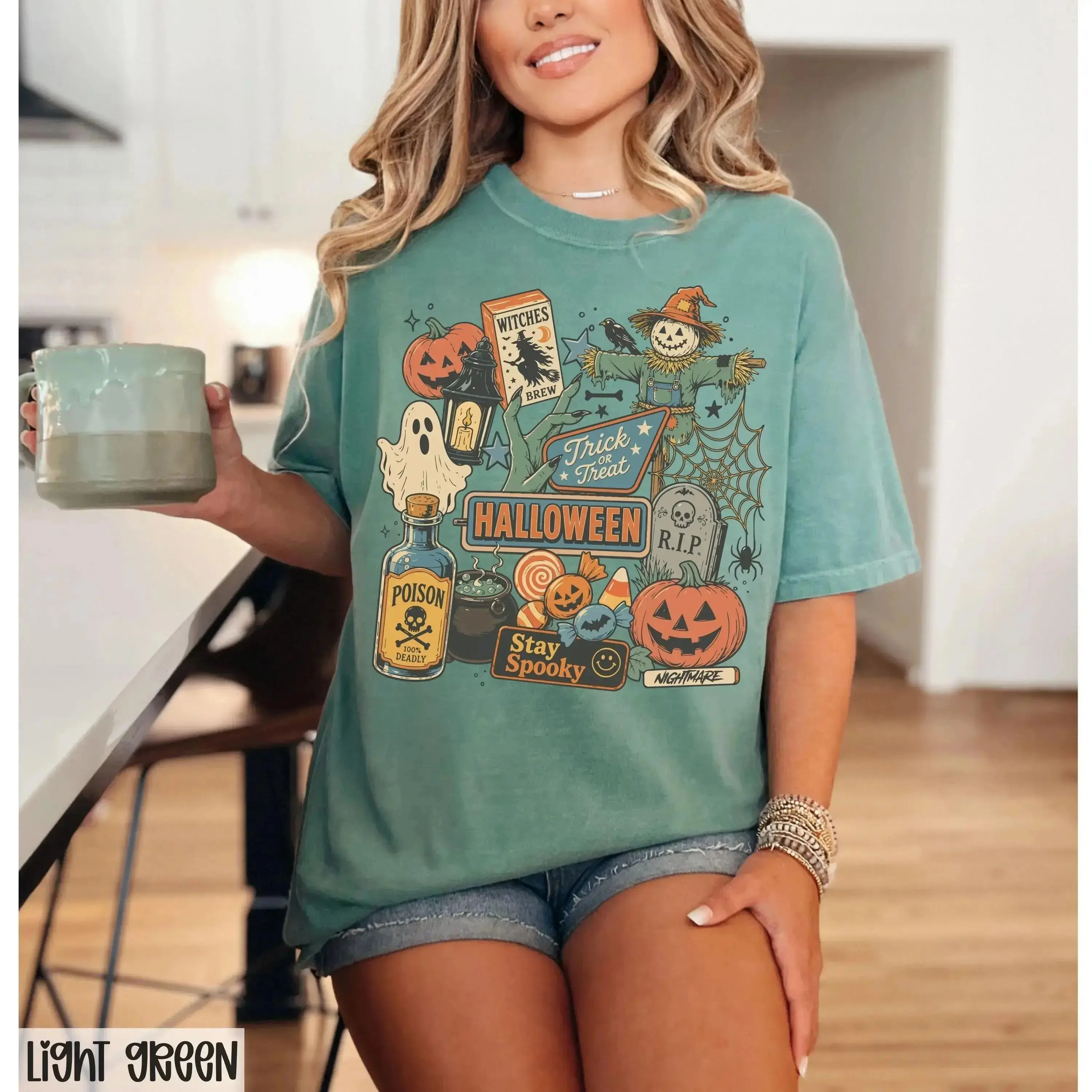 Comfort Colors Halloween T-Shirt for Women, Pumpkin Ghost Graphic Tee, Cute Retro Vintage Fall Top - photo 4