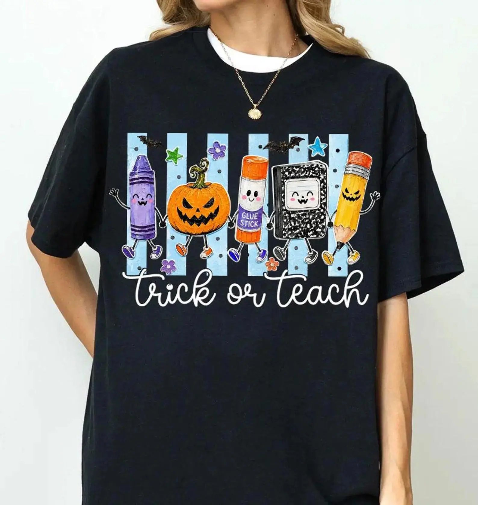 Comfort Colors Halloween Teacher Ghost Shirt, Striped Back to School Tee, Funny Boo Crew Graphic Top - photo 2