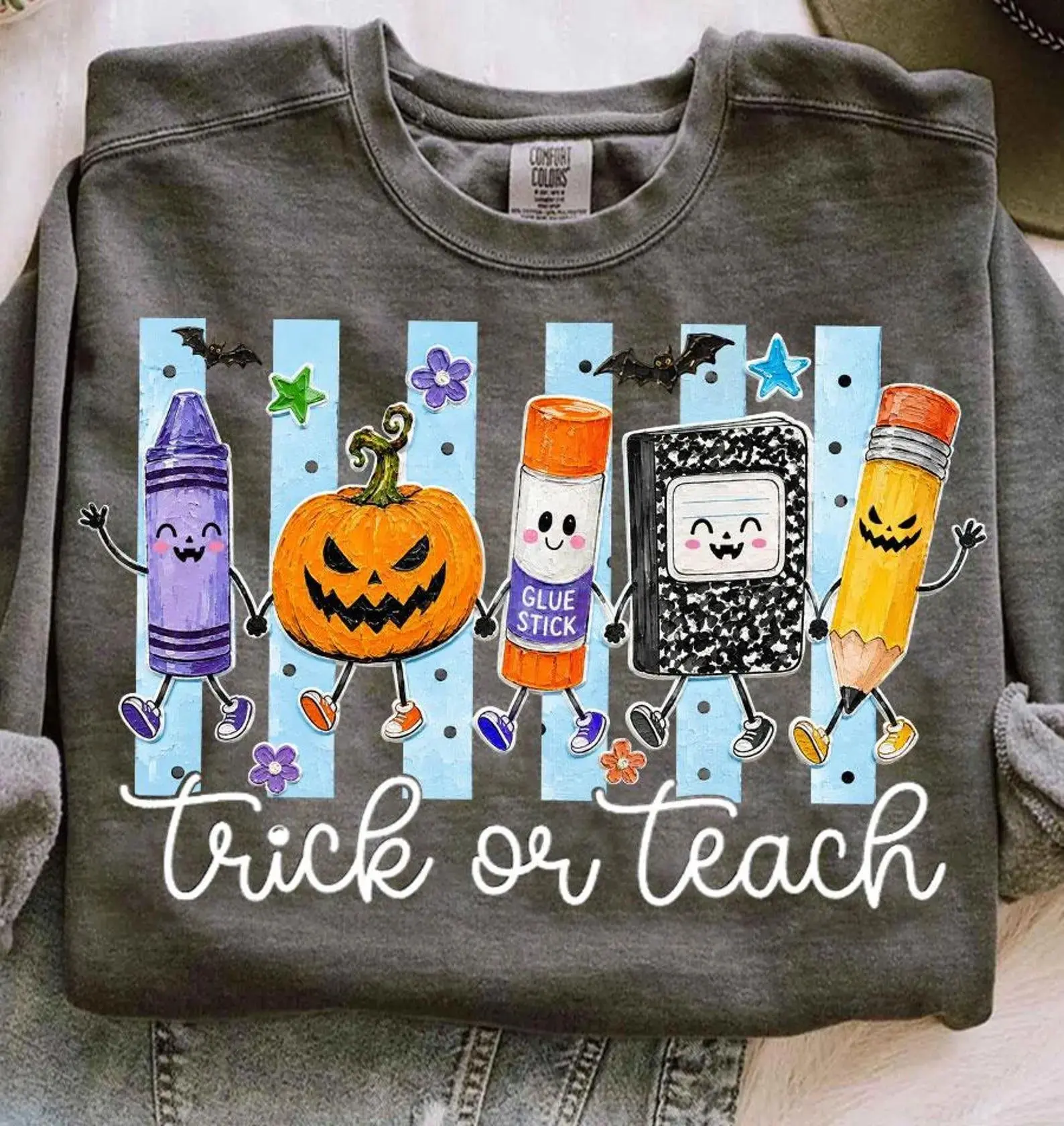 Comfort Colors Halloween Teacher Ghost Shirt, Striped Back to School Tee, Funny Boo Crew Graphic Top - photo 5