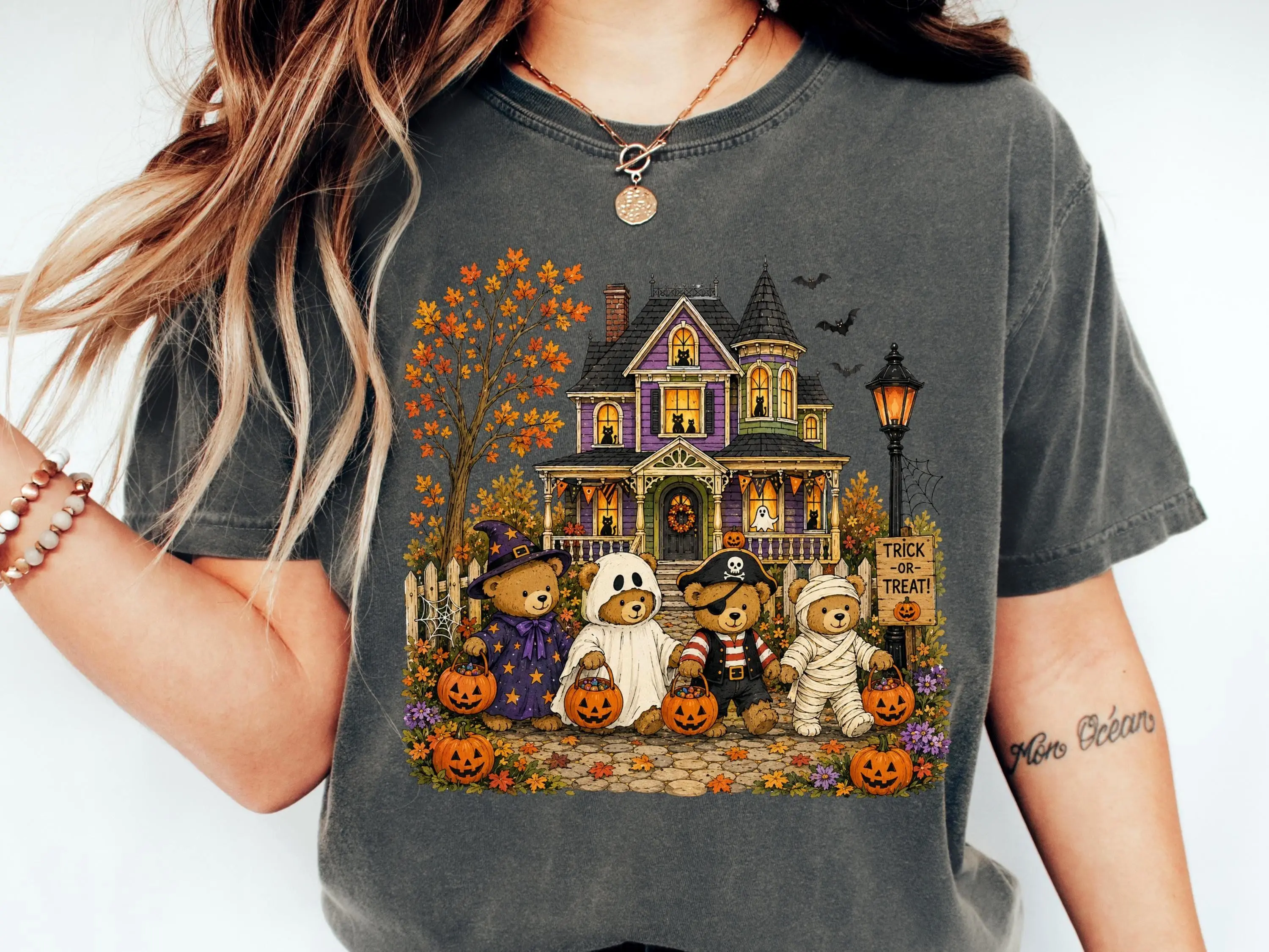 Comfort Colors Halloween Teddy Bears Trick-or-Treat Shirt, Vintage 90s Storybook Graphic Tee